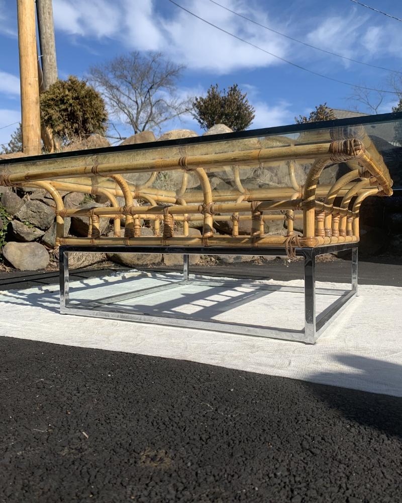 1970s Bamboo and Rattan with Chrome Coffee Table In Good Condition For Sale In Saddle River, NJ