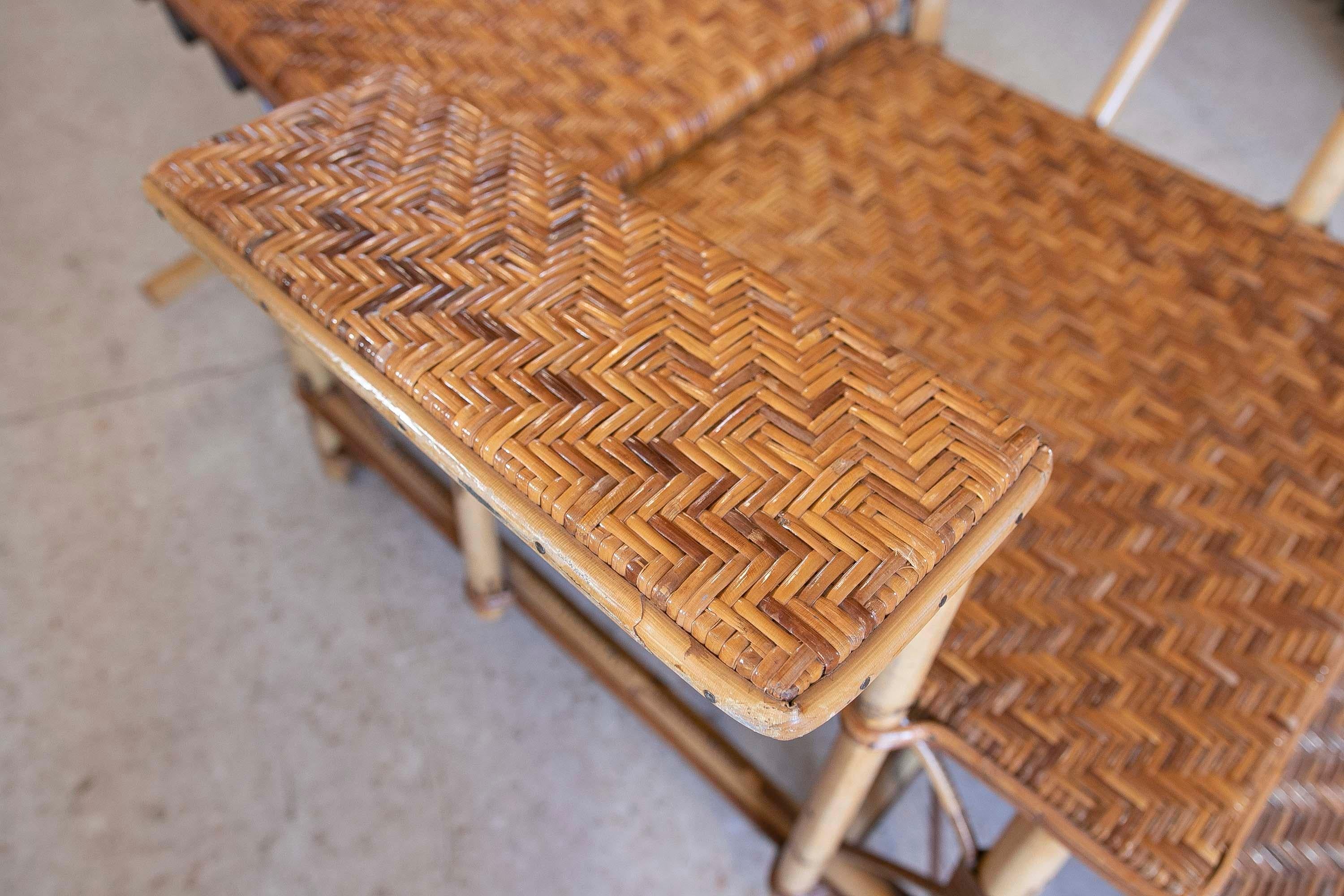 1970s Bamboo and Wicker Lounger Armchair with Footrest  For Sale 7