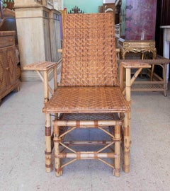 1970s Bamboo and Wicker Lounger Armchair with Footrest