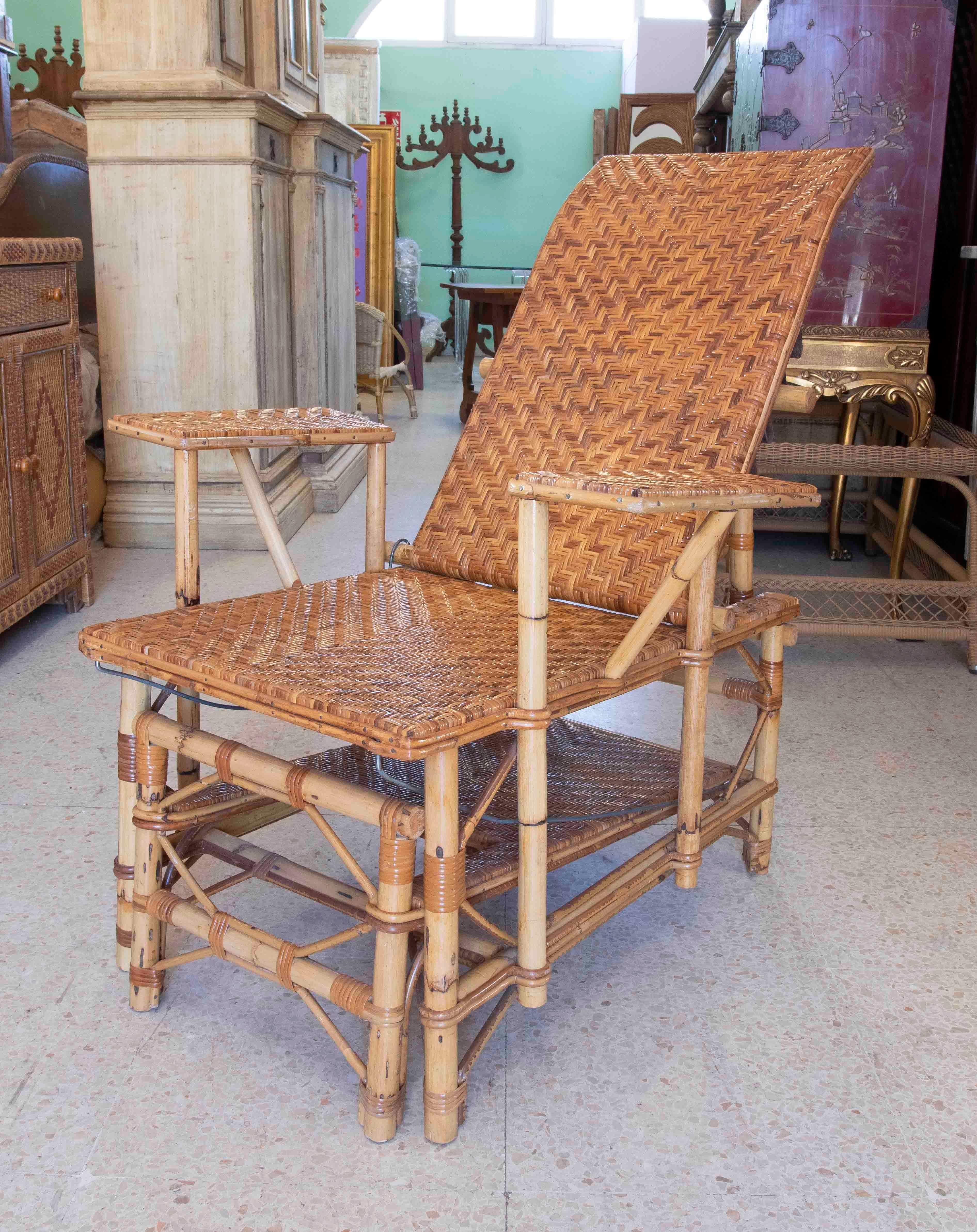 Spanish 1970s Bamboo and Wicker Lounger Armchair with Footrest  For Sale