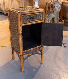 1970s Bamboo and Wicker Side Table with Drawer and Door