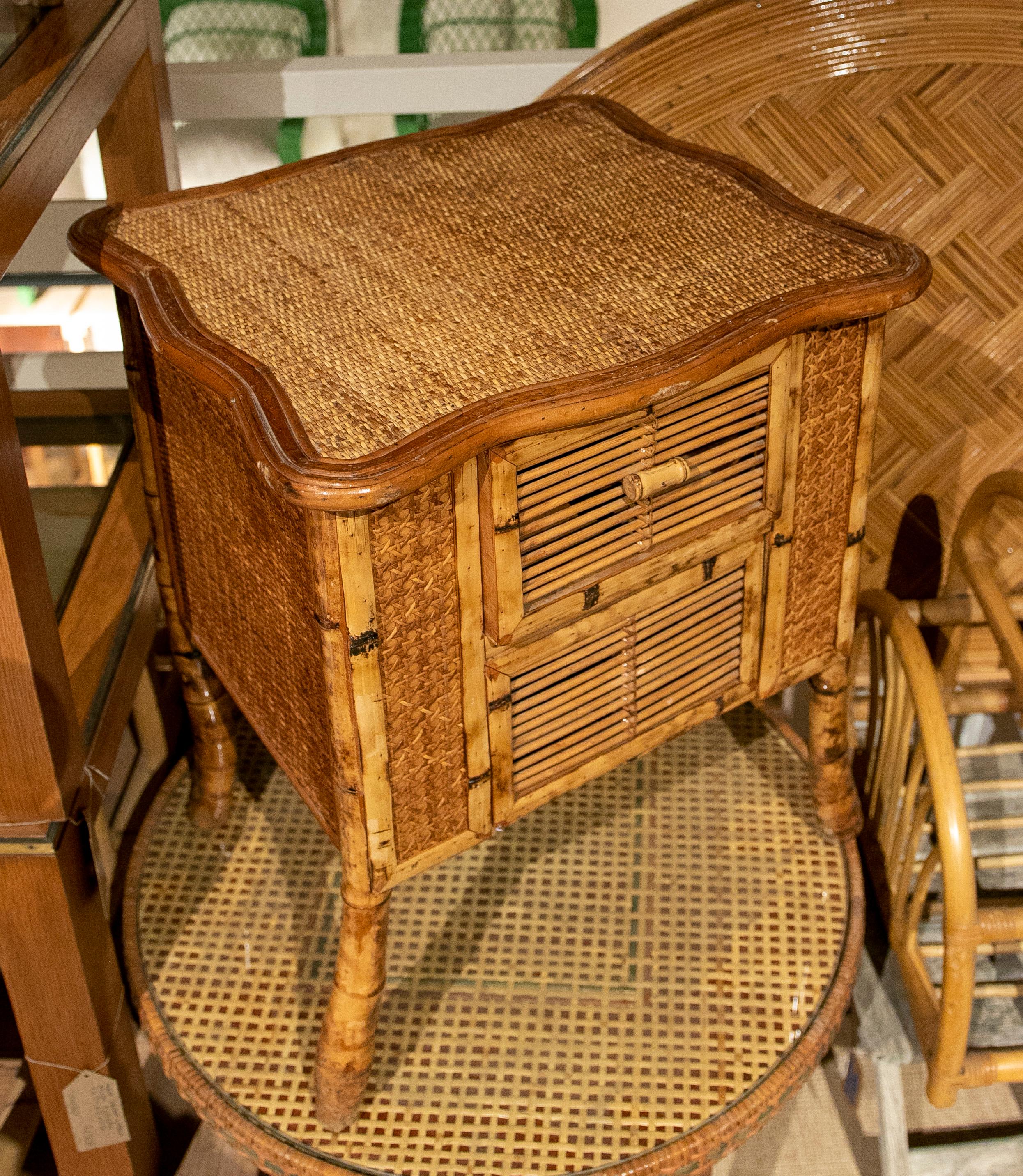 1970s Bamboo and Wicker Side Table with Drawer For Sale 5