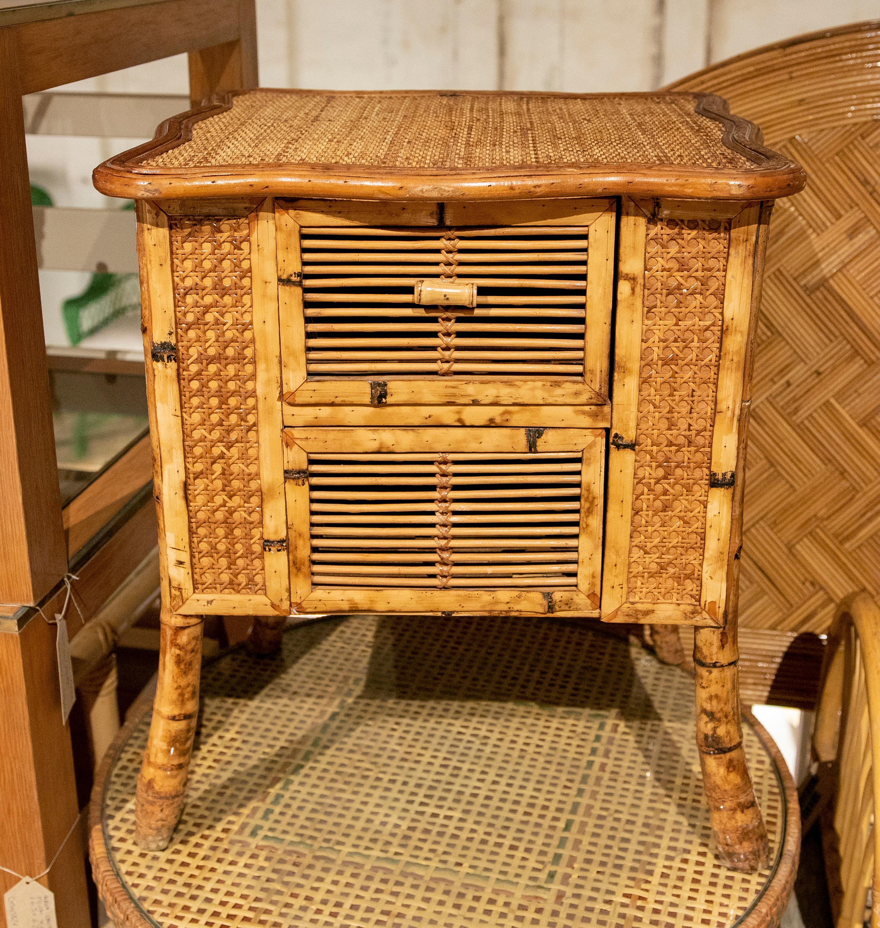 1970s bamboo and wicker side table with drawer.