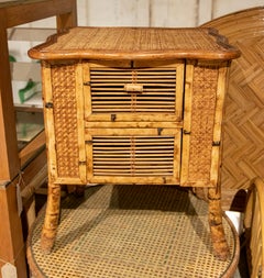 1970s Bamboo and Wicker Side Table with Drawer