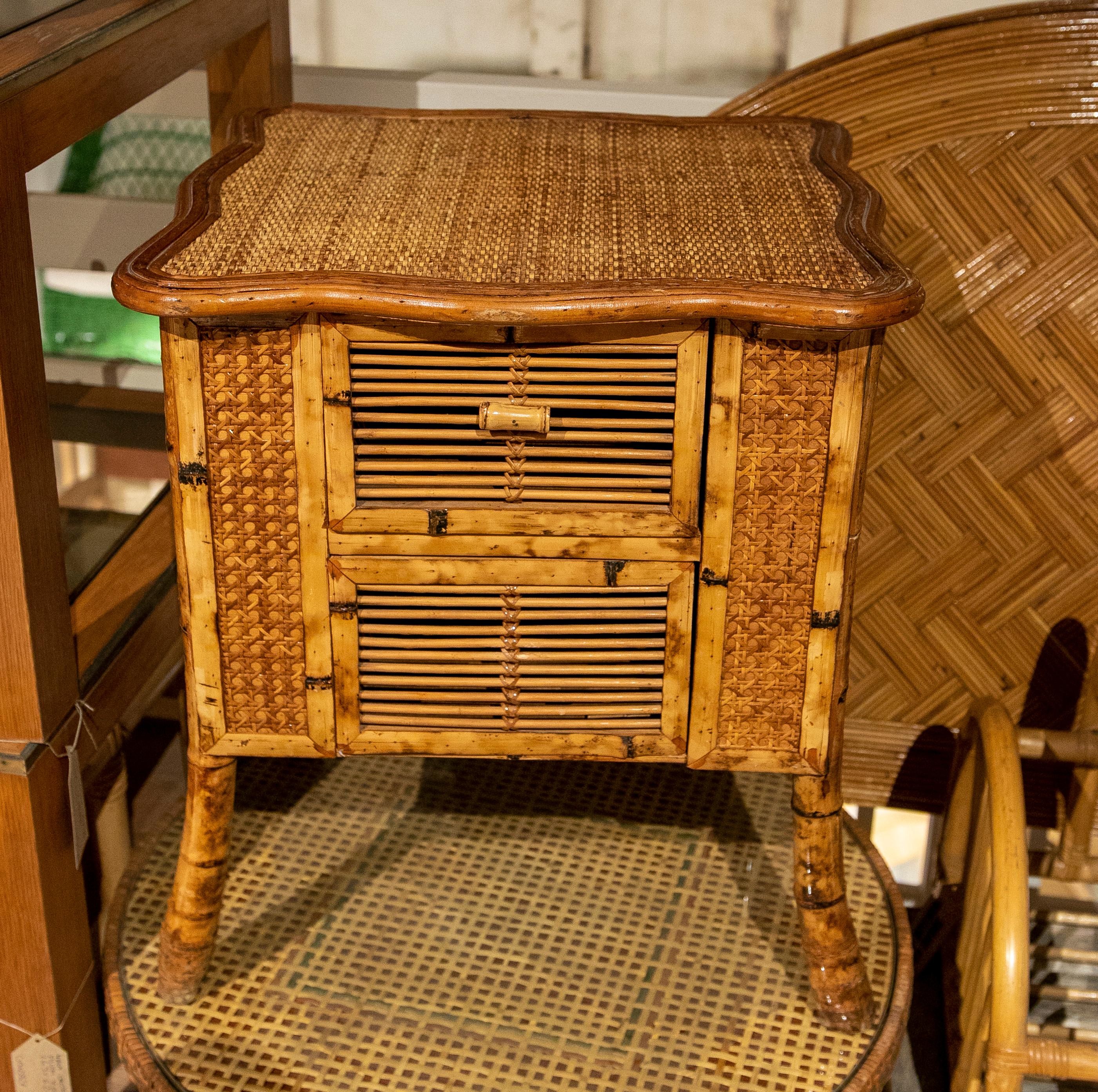 Spanish 1970s Bamboo and Wicker Side Table with Drawer For Sale