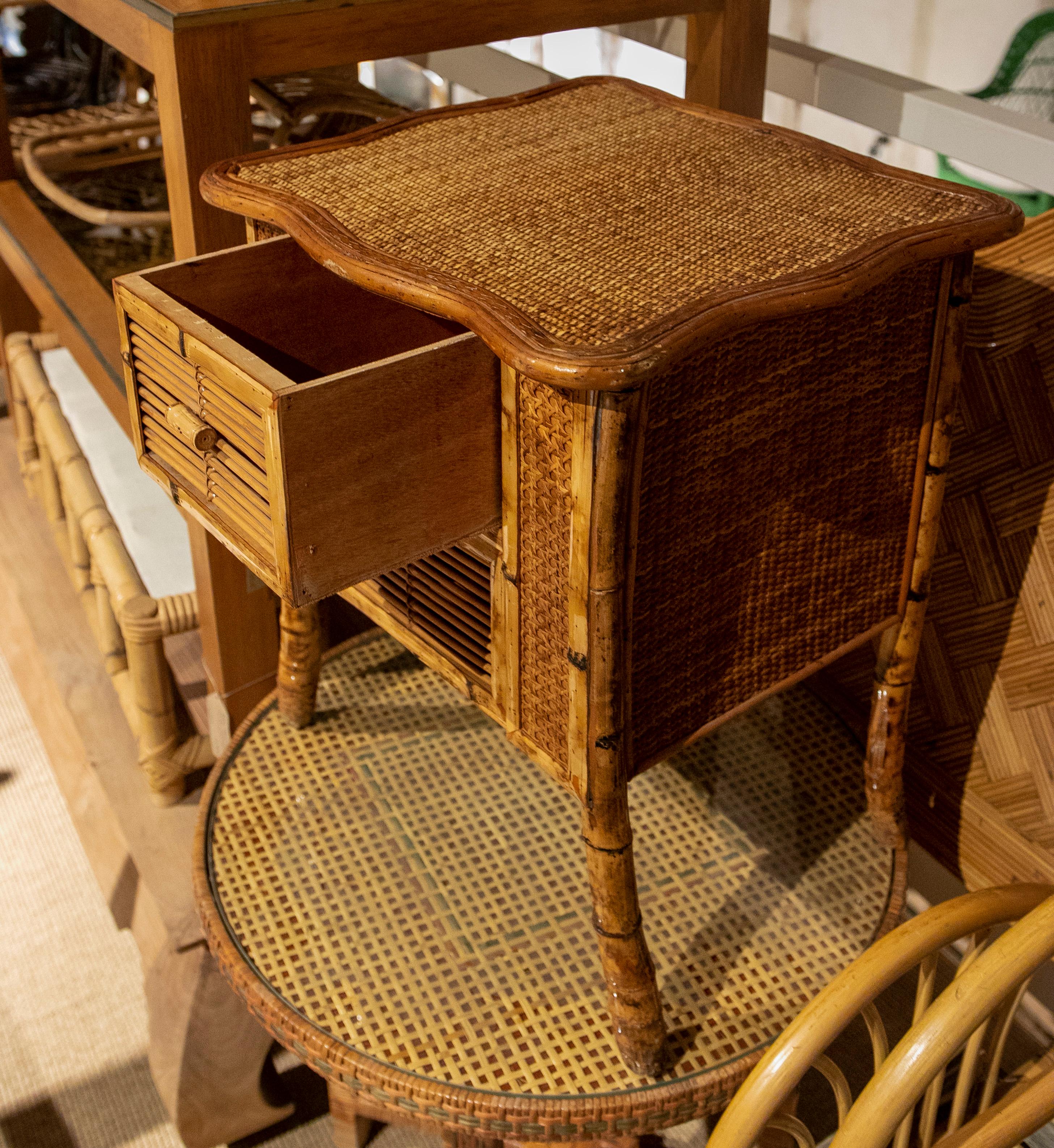 20th Century 1970s Bamboo and Wicker Side Table with Drawer For Sale