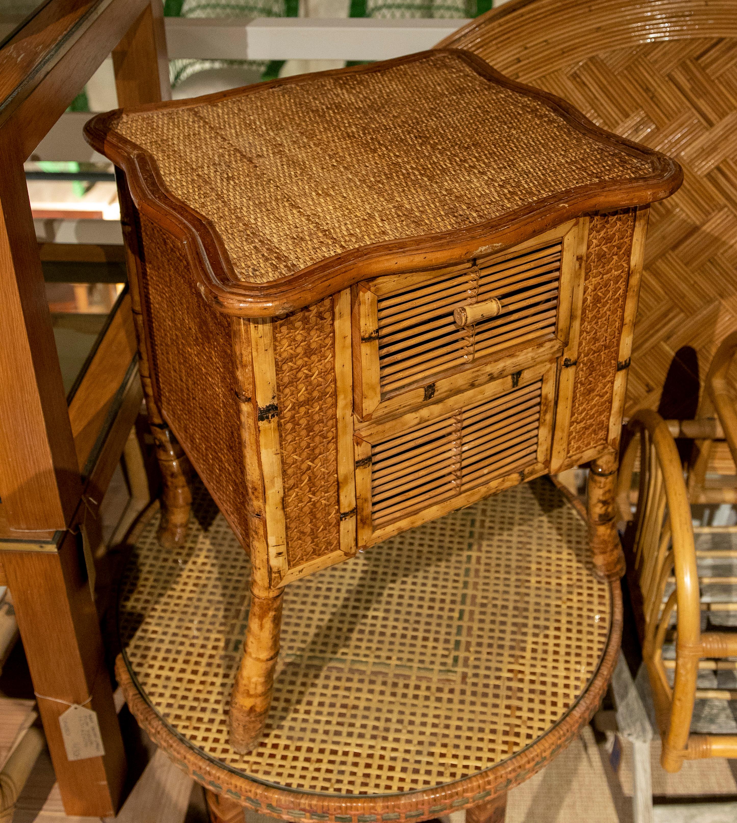 1970s Bamboo and Wicker Side Table with Drawer 2