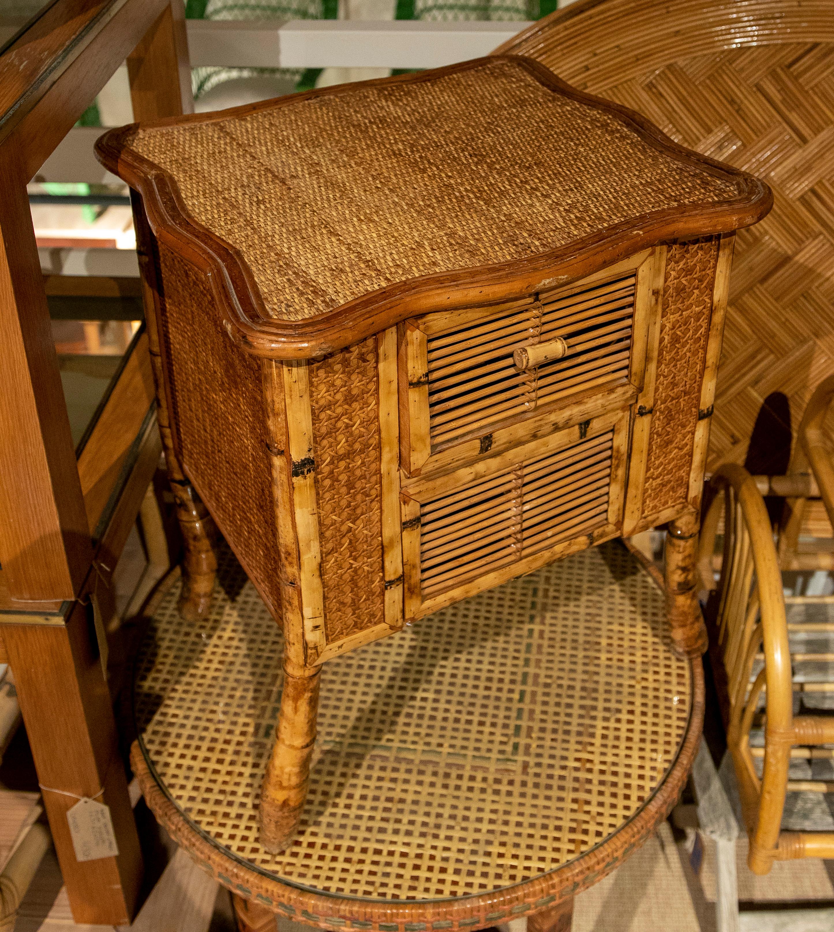 1970s Bamboo and Wicker Side Table with Drawer For Sale 2