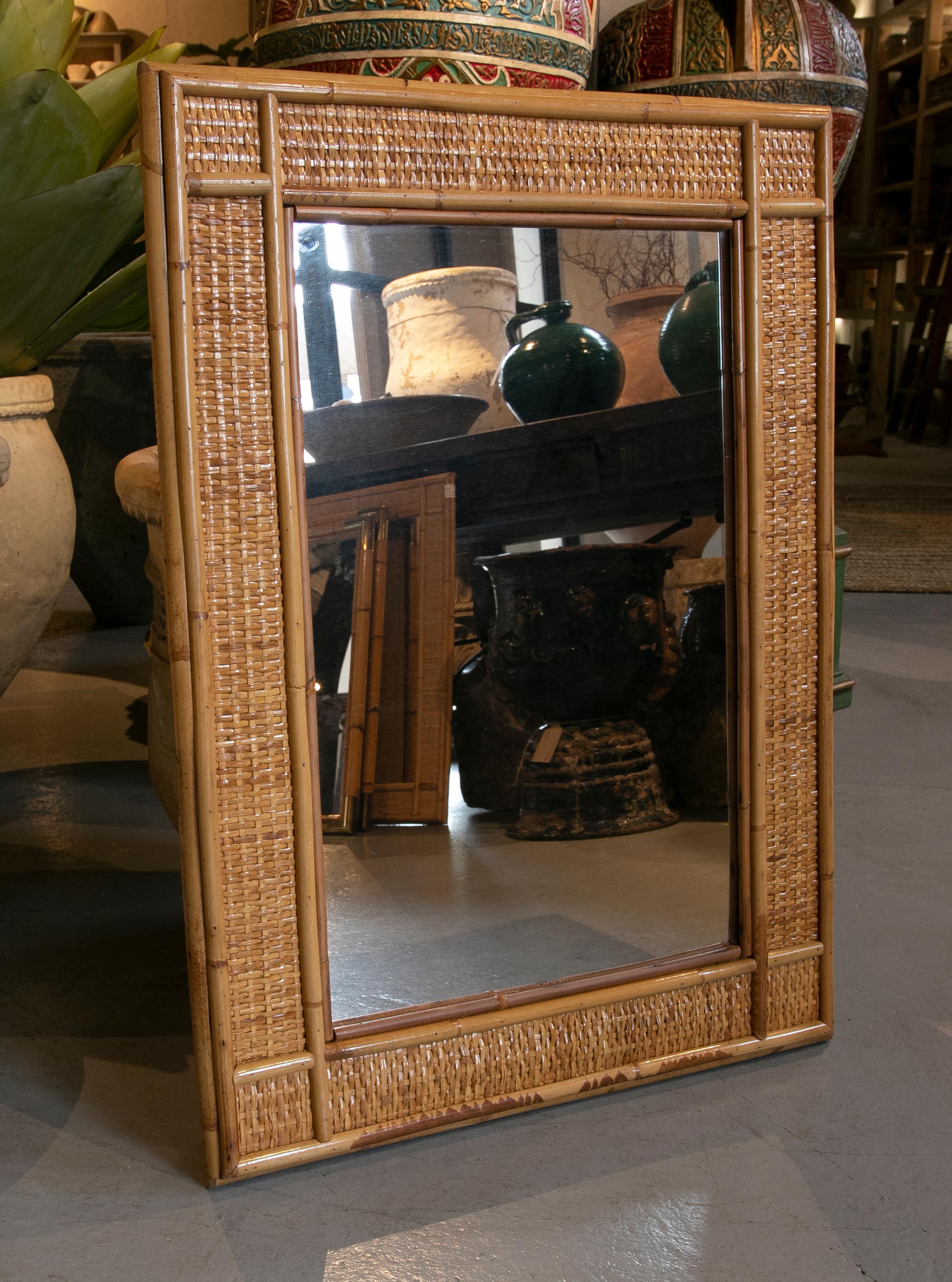 1970s Bamboo and Wicker Wall Mirror.