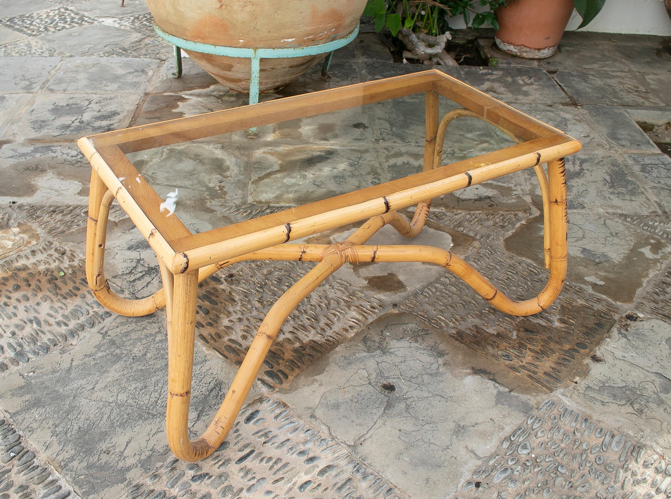 Spanish 1970's Bamboo Coffee Table with Crsital For Sale