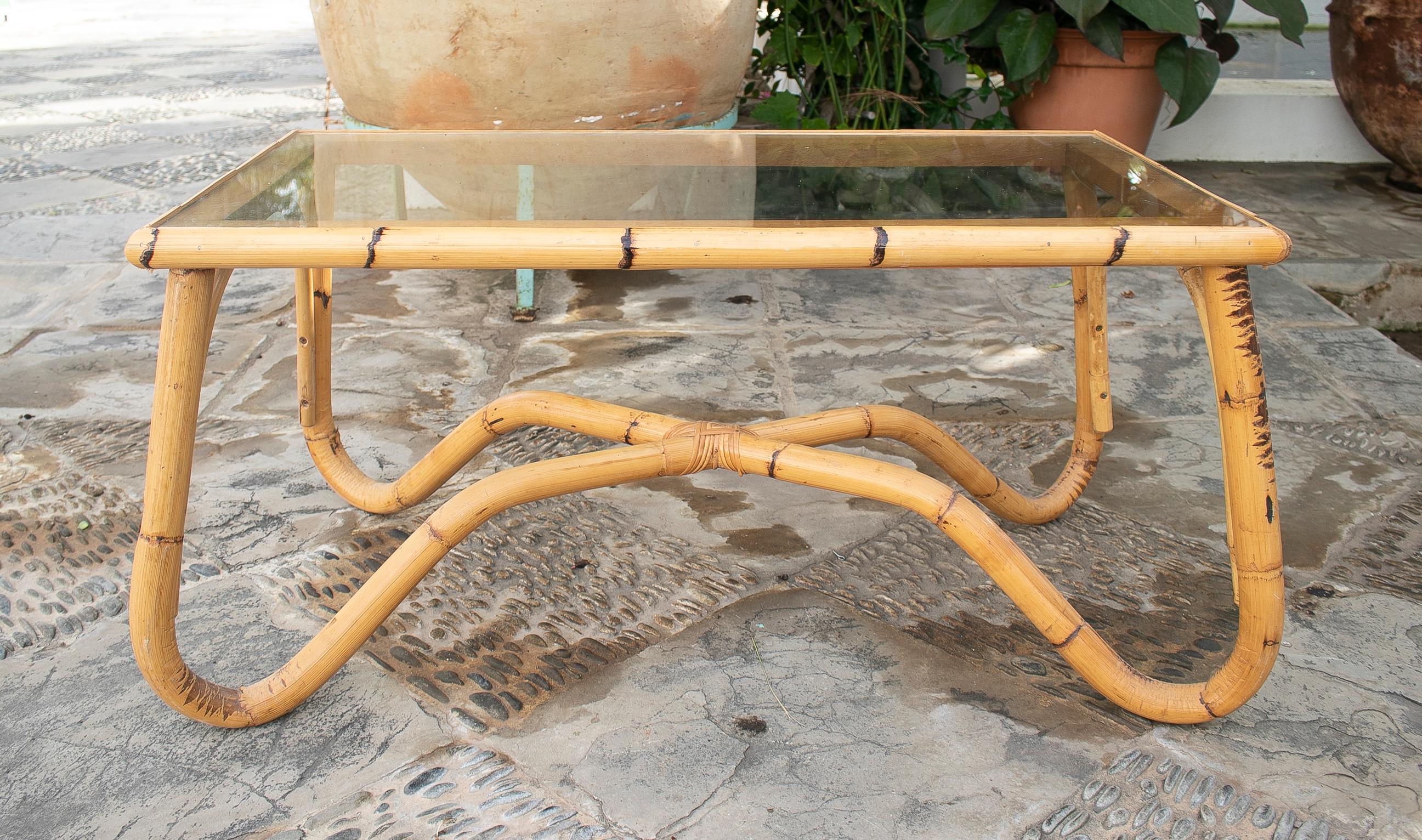20th Century 1970's Bamboo Coffee Table with Crsital For Sale