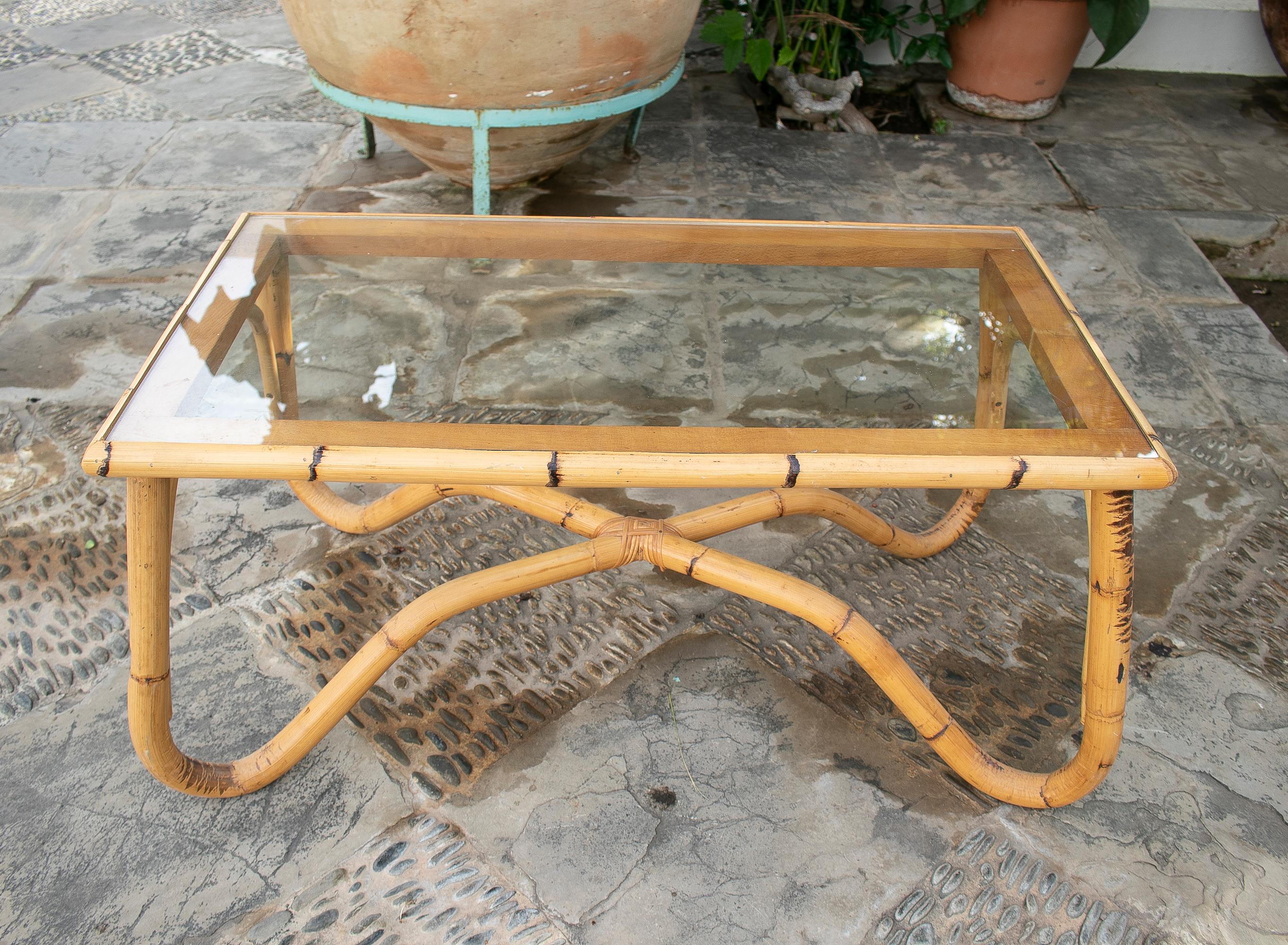 1970's Bamboo Coffee Table with Crsital For Sale 1