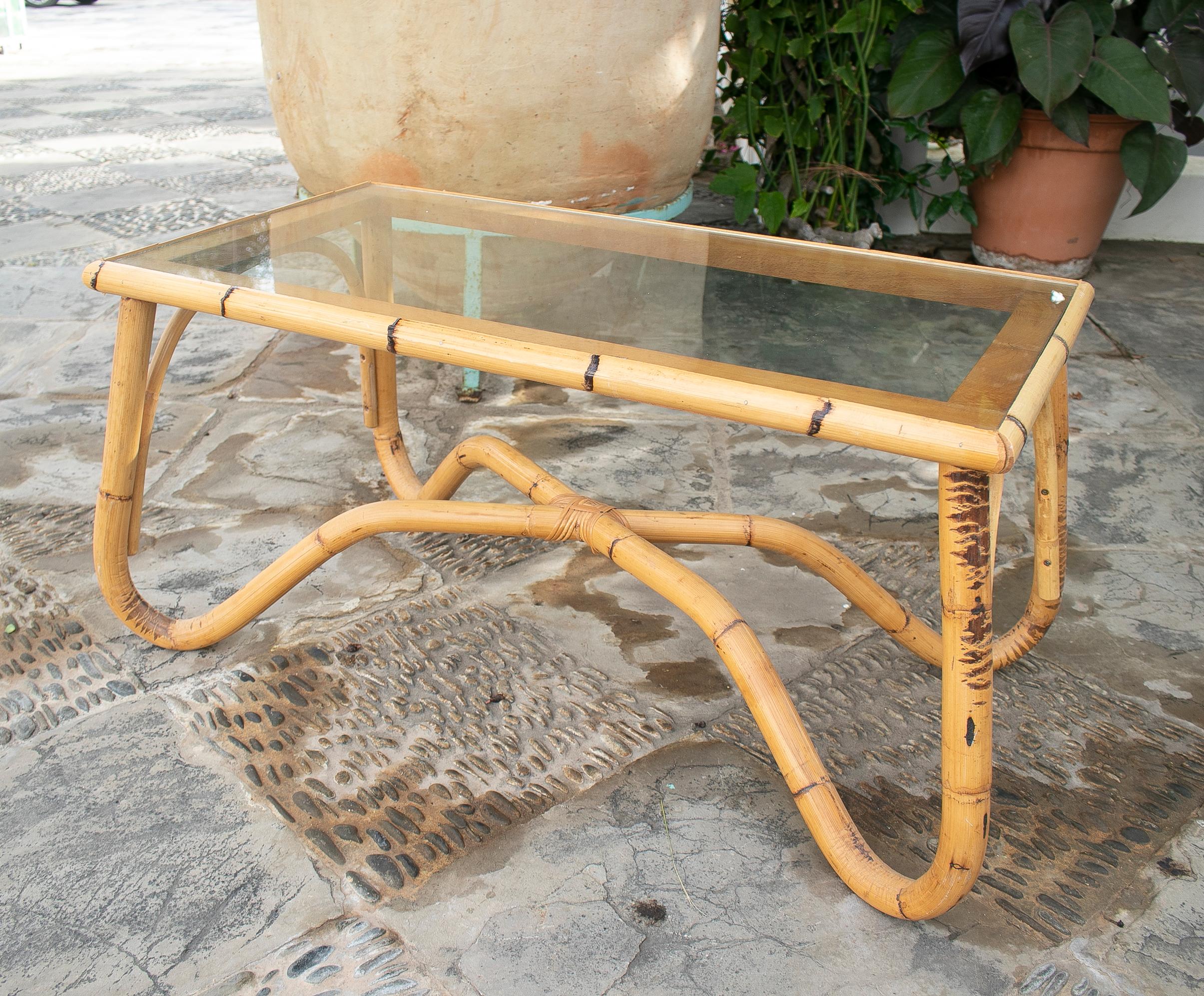 1970's Bamboo Coffee Table with Crsital For Sale 2