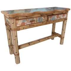 1970s Bamboo Console with Drawers Decorated with Flower Fabrics