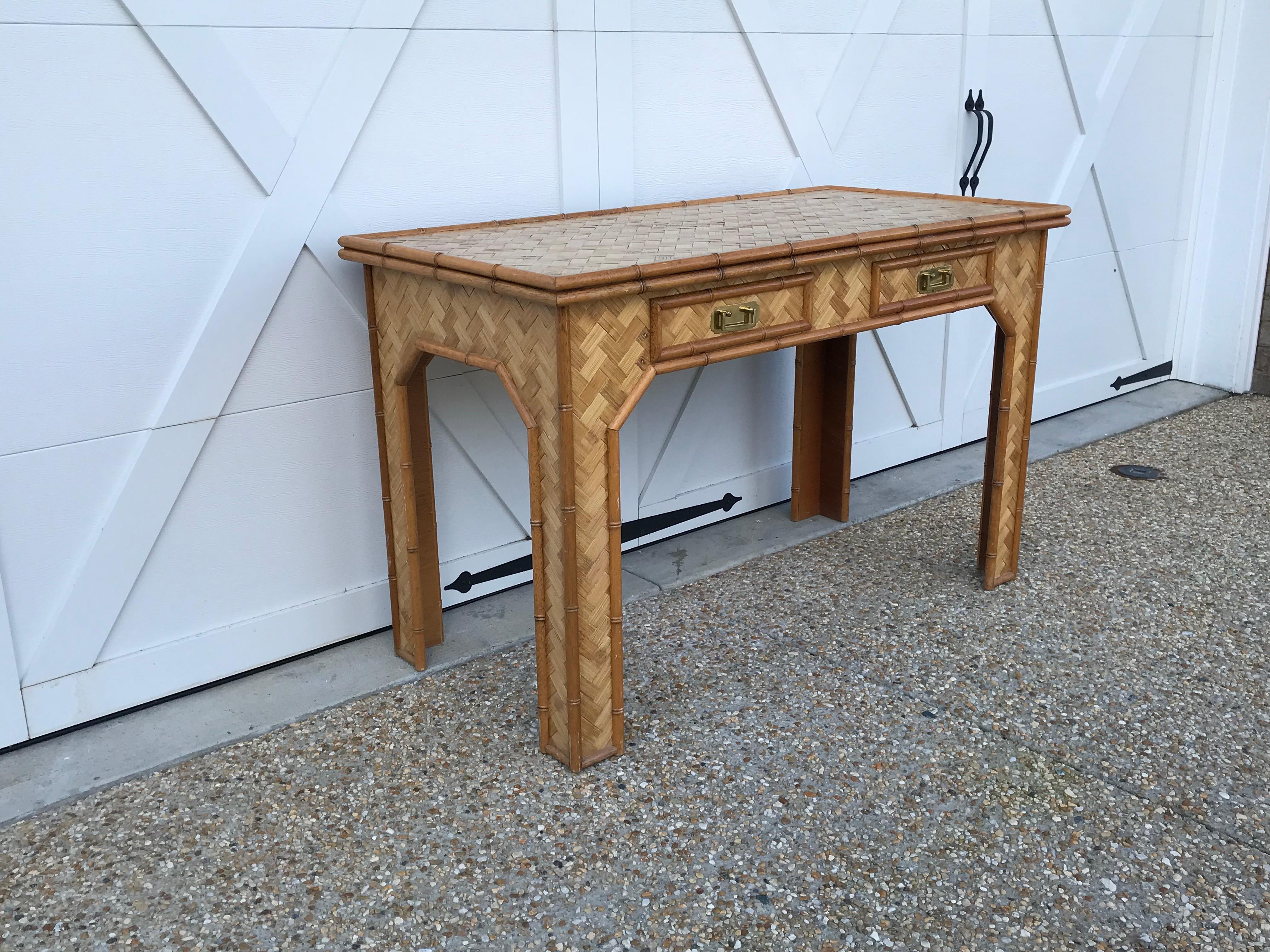 Chinoiserie 1970s Bamboo Desk with Brass Campaign Hardware