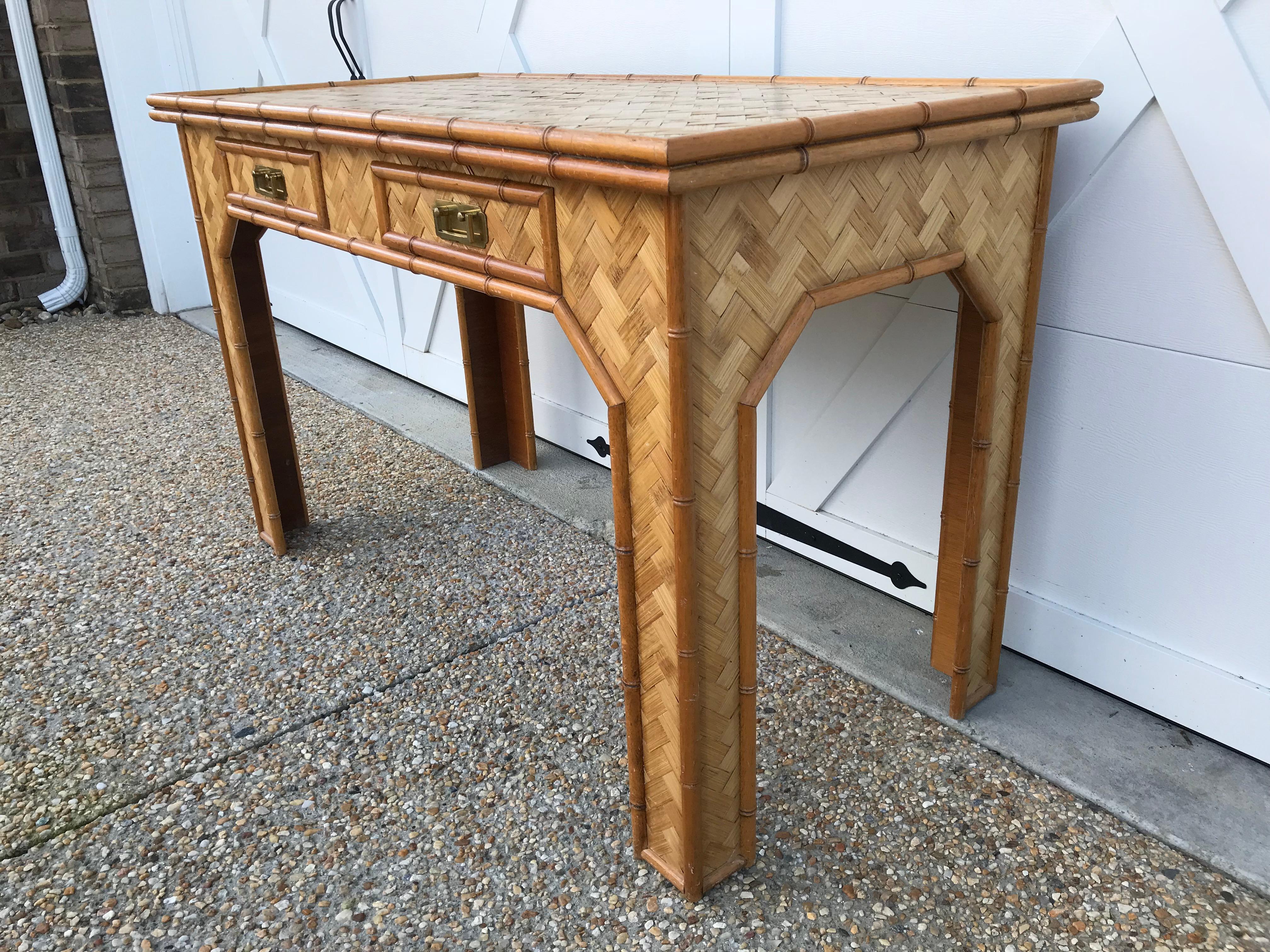 1970s Bamboo Desk with Brass Campaign Hardware 1