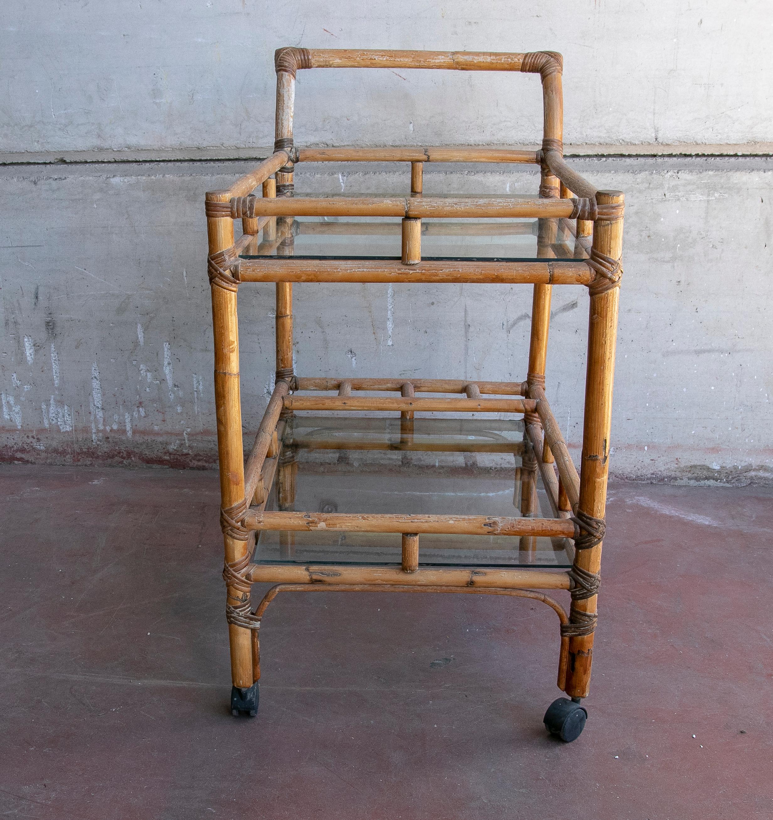 Spanish 1970s Bamboo Drinks Trolley with Wheels For Sale