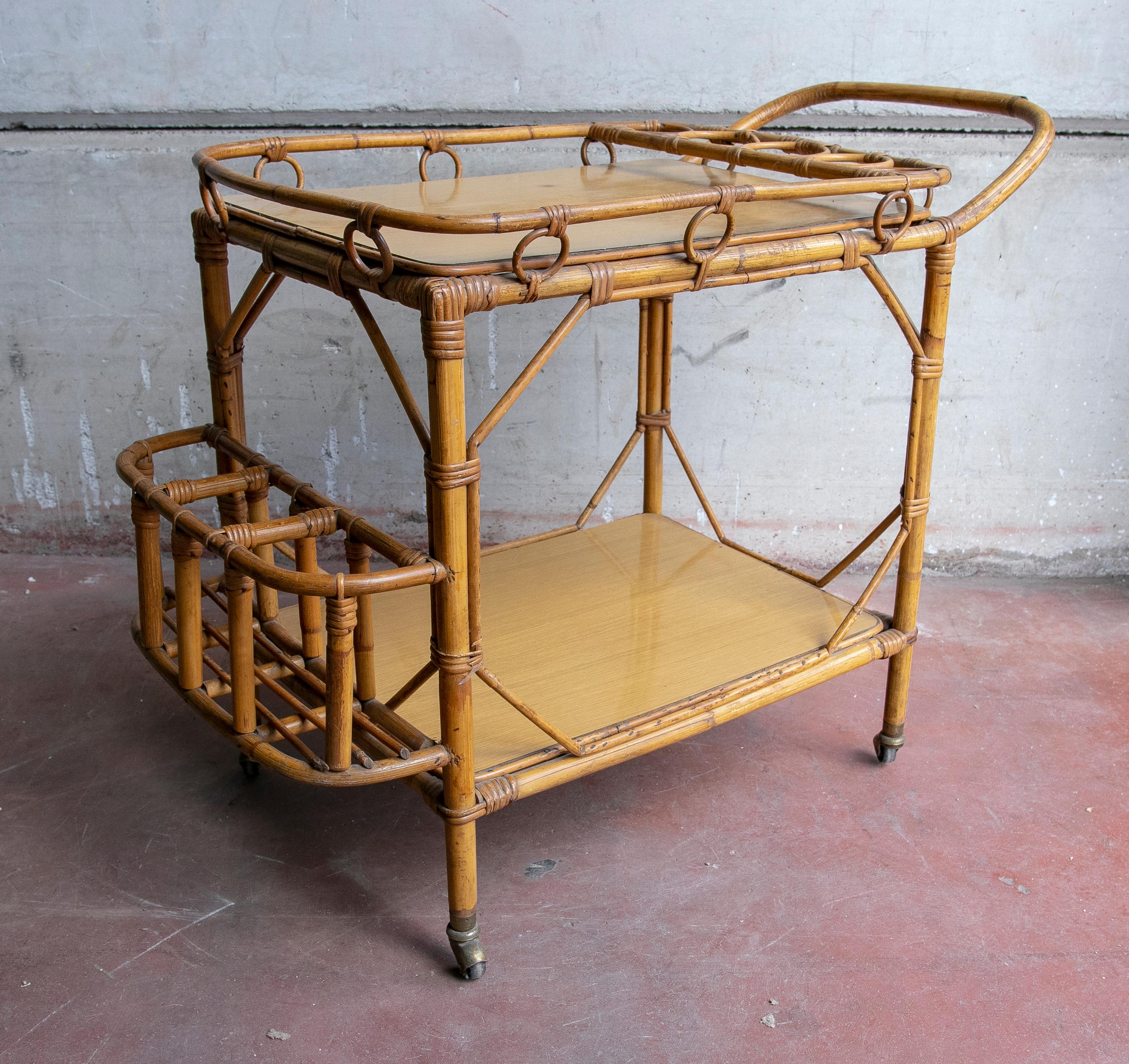 1970s Bamboo drinks trolley with wheels.