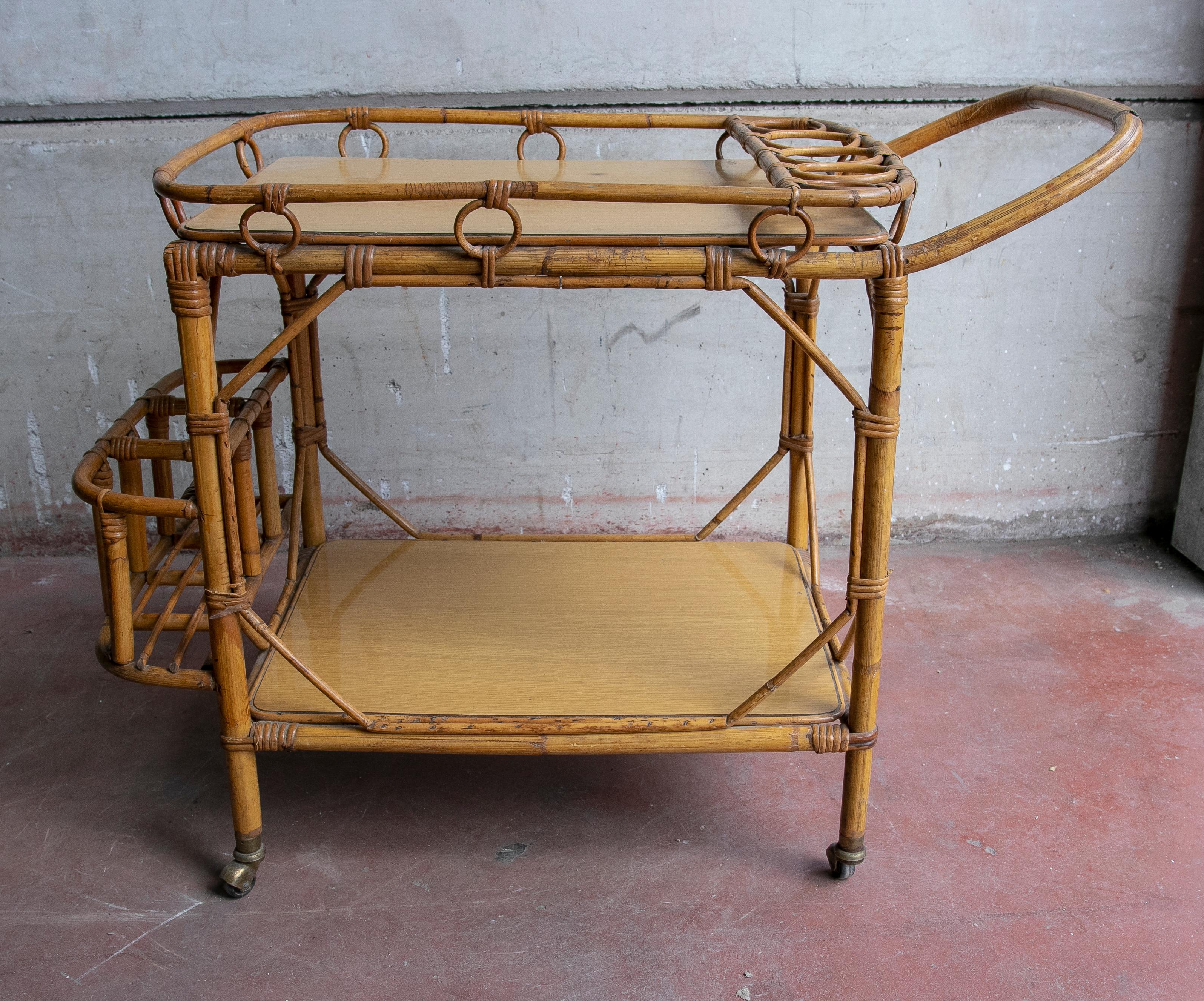 Spanish 1970s Bamboo Drinks Trolley with Wheels For Sale