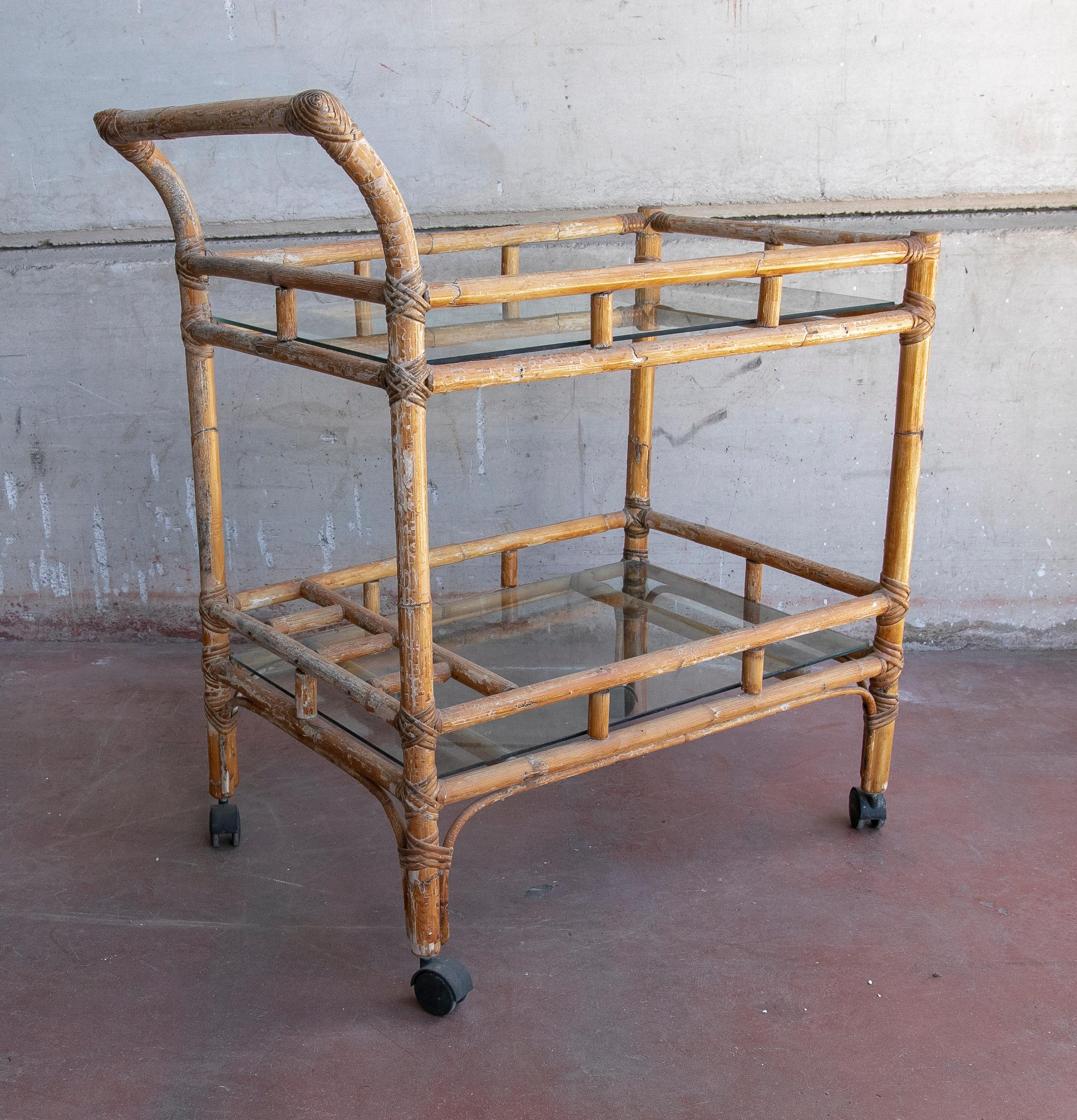 1970s Bamboo Drinks Trolley with Wheels For Sale 1