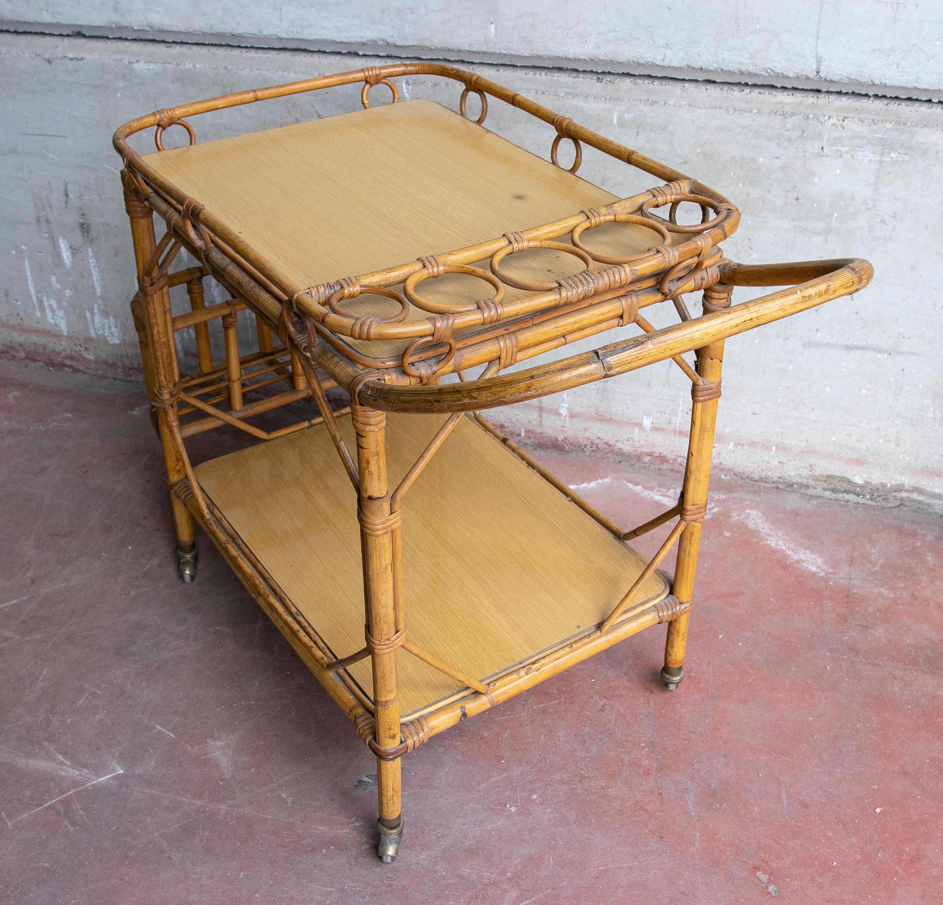 1970s Bamboo Drinks Trolley with Wheels For Sale 1