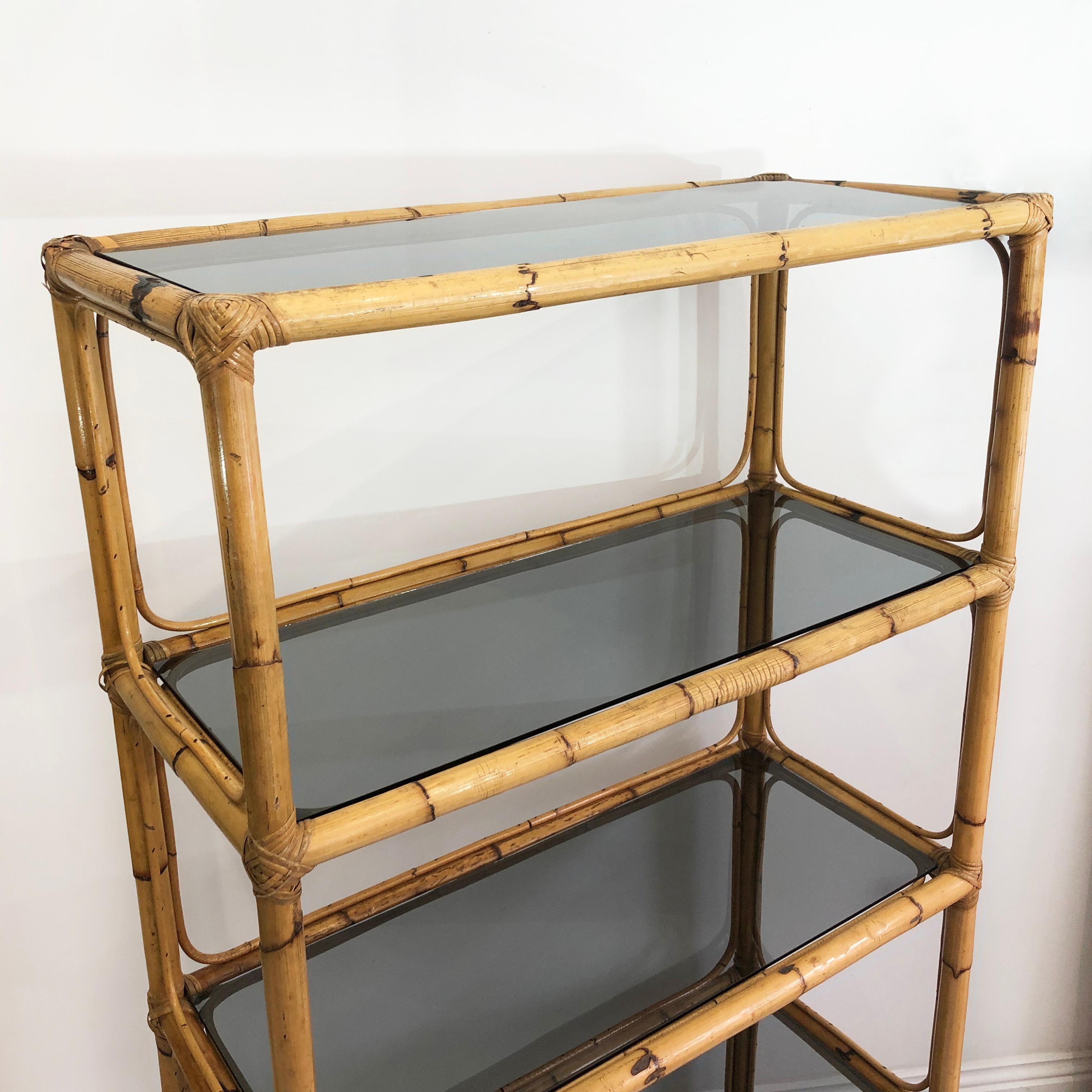 British 1970s Bamboo Etagere Smoked Glass Boho Shelving Storage Unit Display 1960s