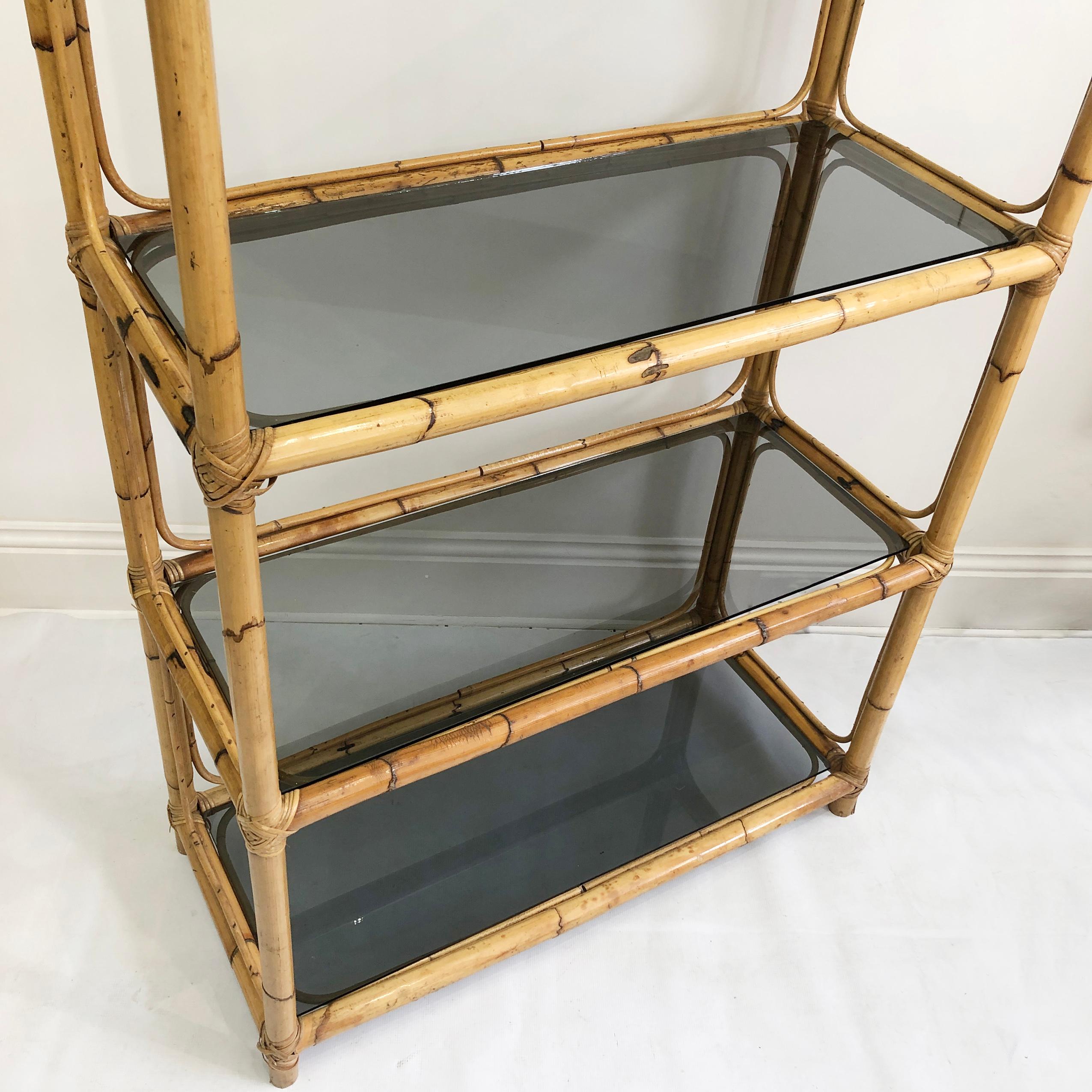 1970s Bamboo Etagere Smoked Glass Boho Shelving Storage Unit Display 1960s In Good Condition In London, GB