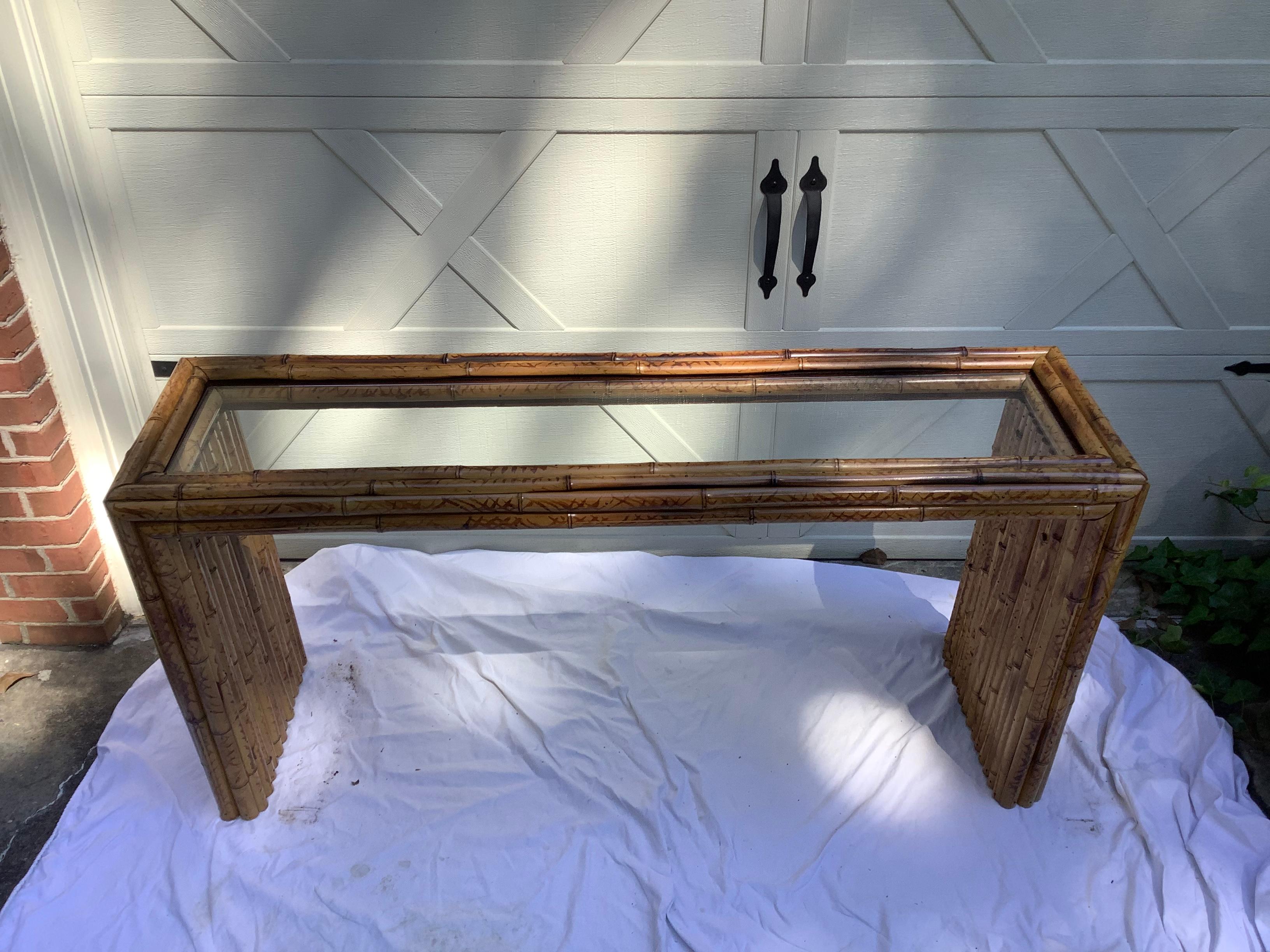 1970s Bamboo & Glass Console Table For Sale 11