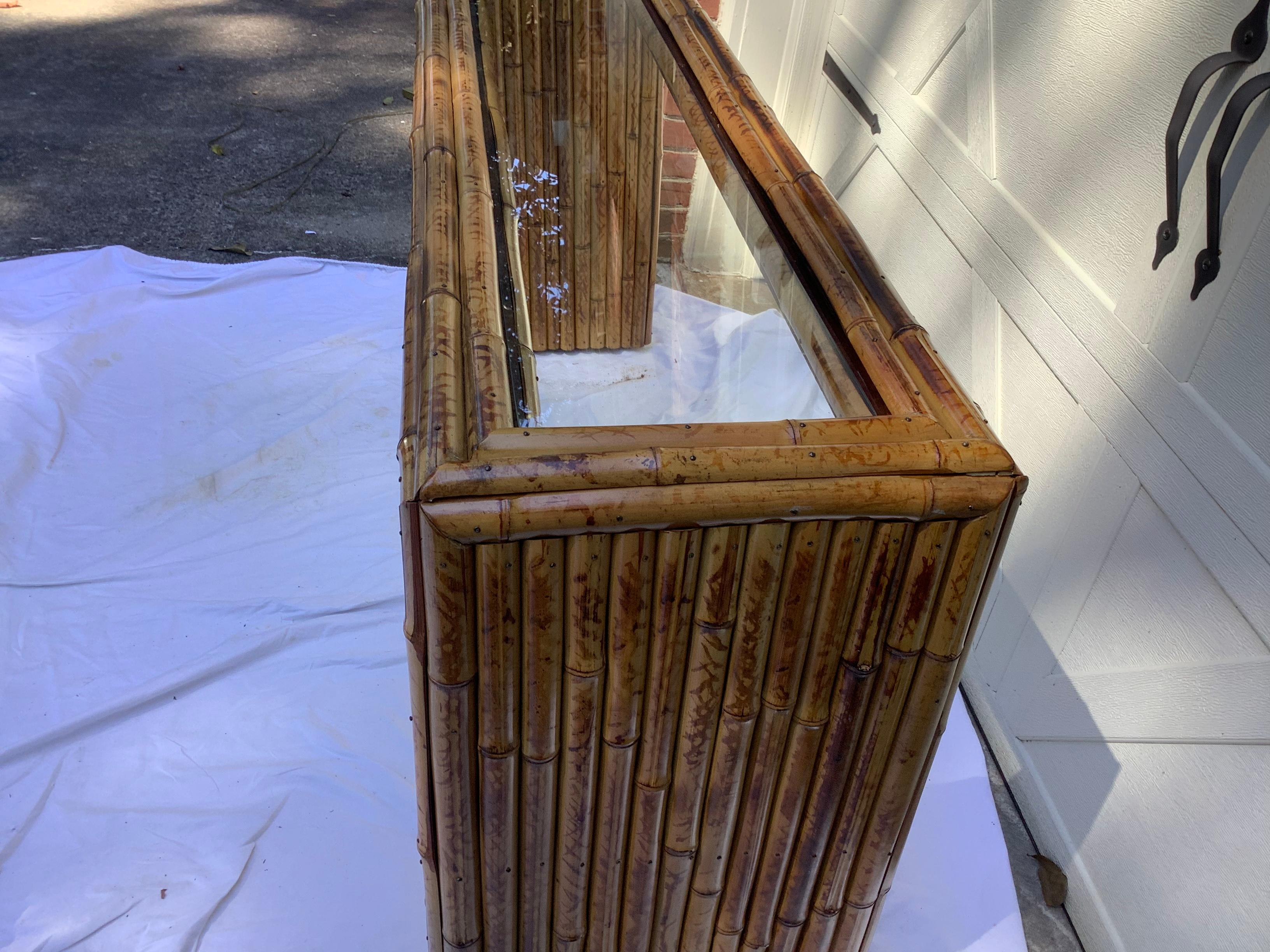 Organic Modern 1970s Bamboo & Glass Console Table For Sale