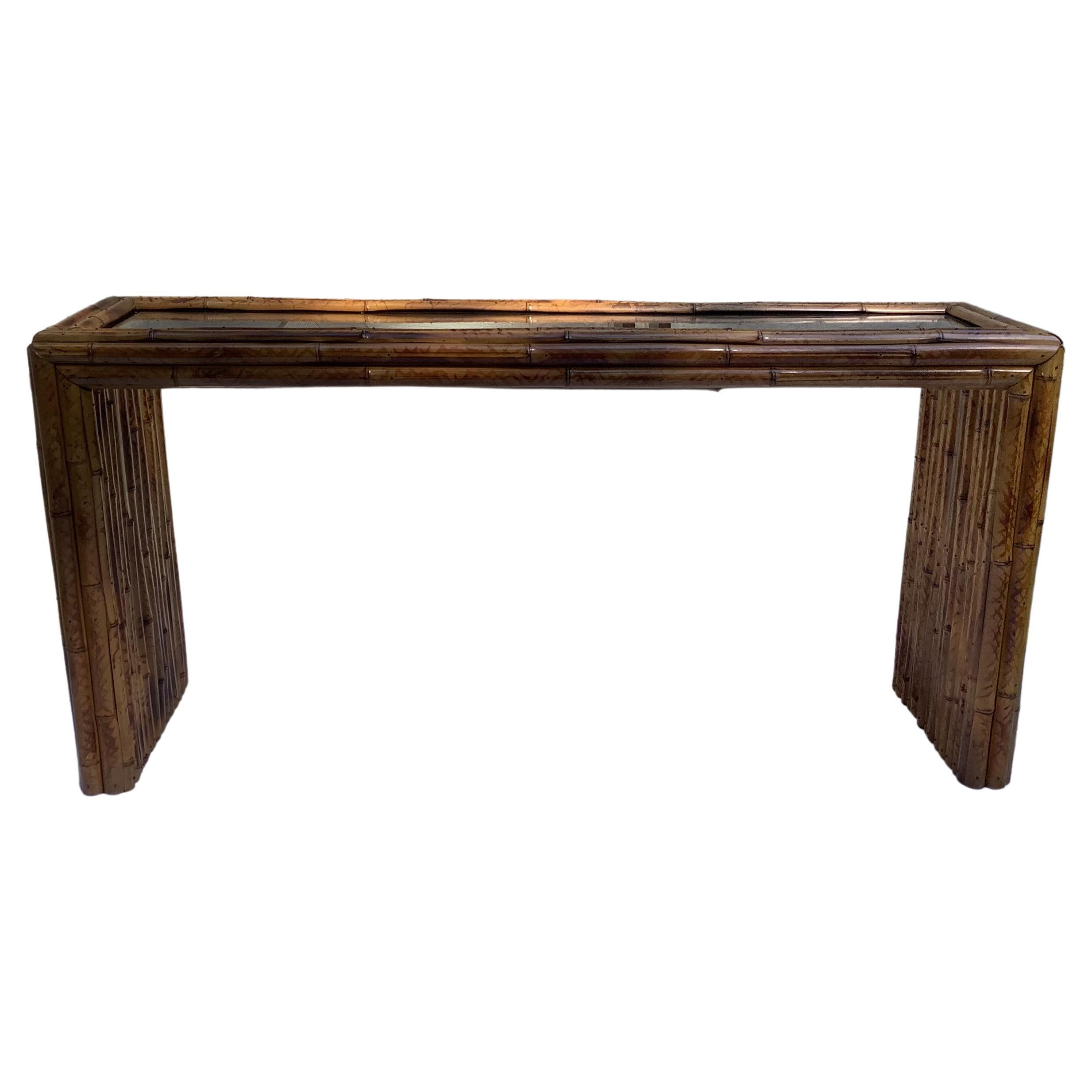 1970s Bamboo & Glass Console Table For Sale