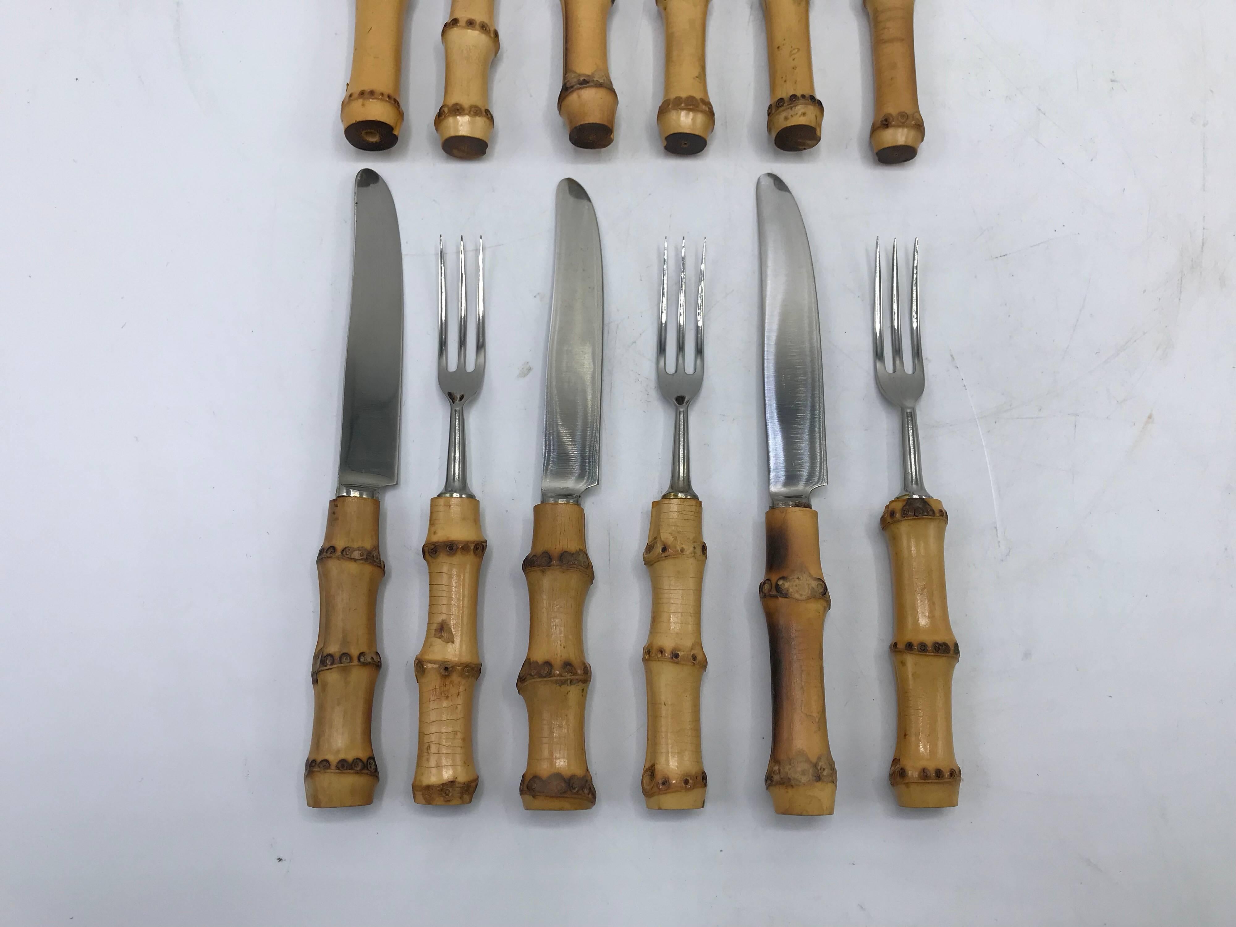 Chinoiserie 1970s Bamboo Hors D’oeuvres Fork and Knife Set, Service for Six