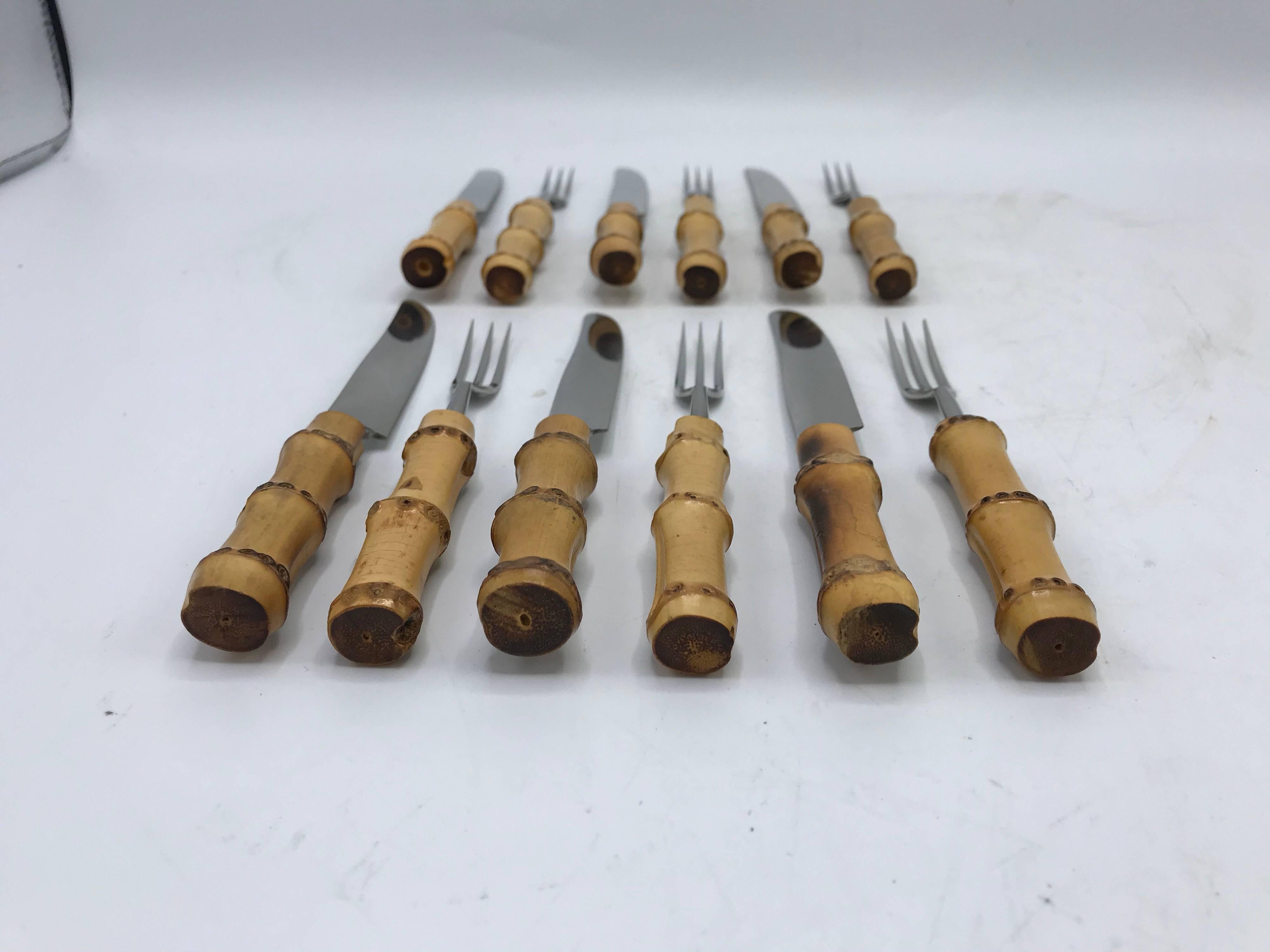 1970s Bamboo Hors D’oeuvres Fork and Knife Set, Service for Six In Excellent Condition In Richmond, VA