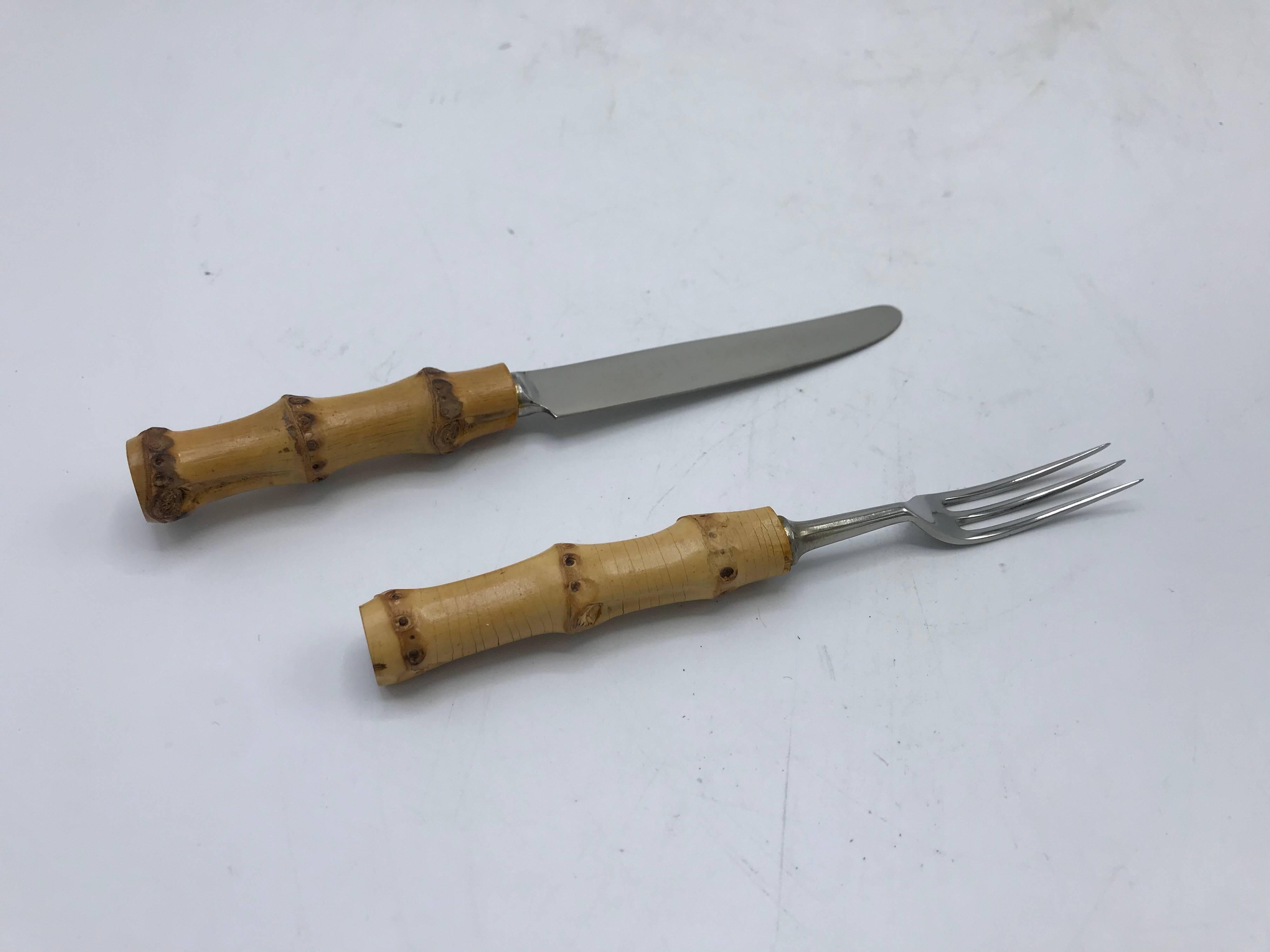 Metal 1970s Bamboo Hors D’oeuvres Fork and Knife Set, Service for Six