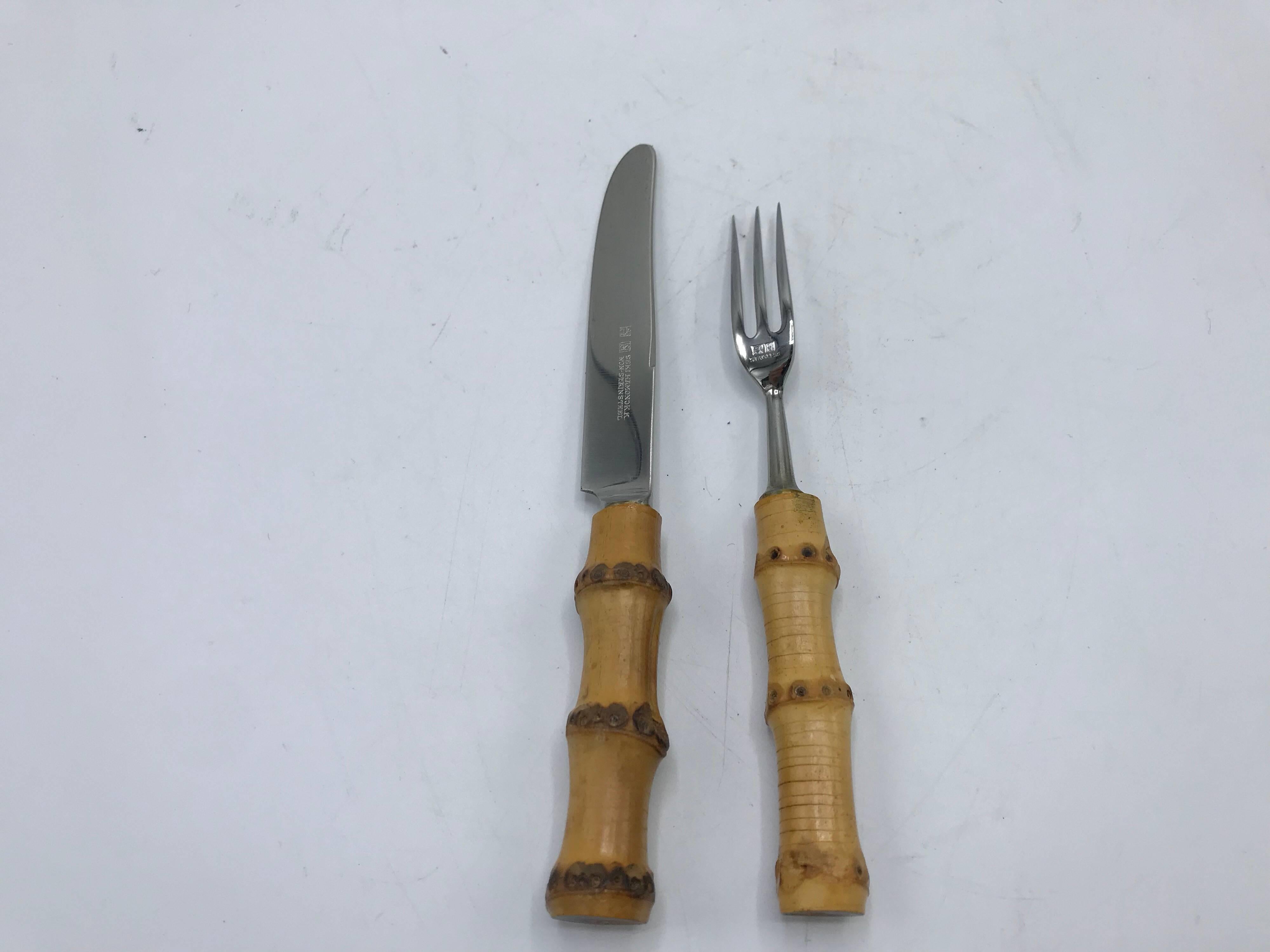 1970s Bamboo Hors D’oeuvres Fork and Knife Set, Service for Six 1