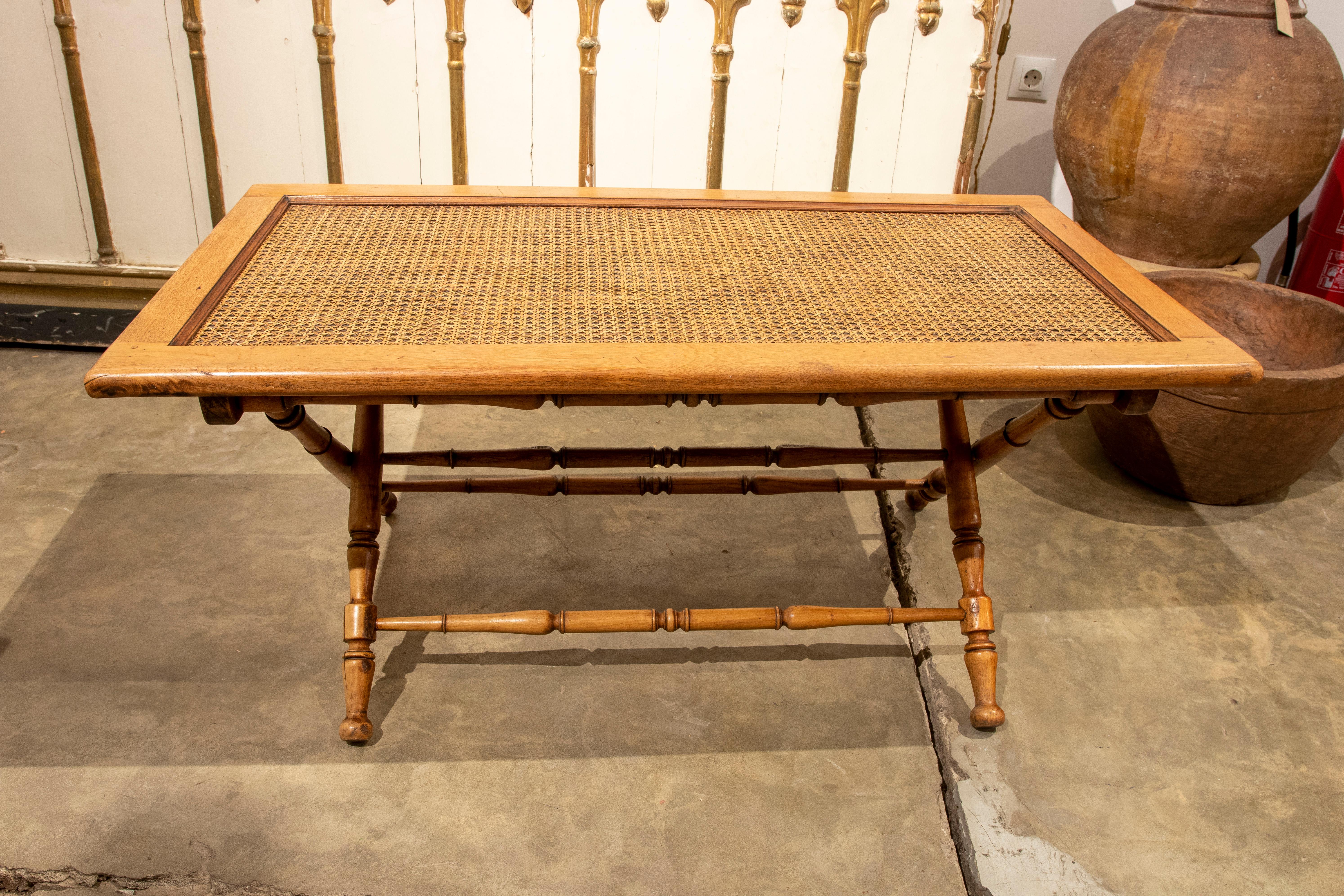 Spanish 1970s Bamboo Imitation Wooden Coffee Table with Raffia Folding Table  For Sale