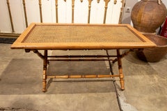 1970s Bamboo Imitation Wooden Coffee Table with Raffia Folding Table