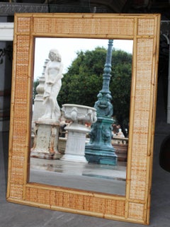 1970s Bamboo Laced Wicker Framed Mirror.