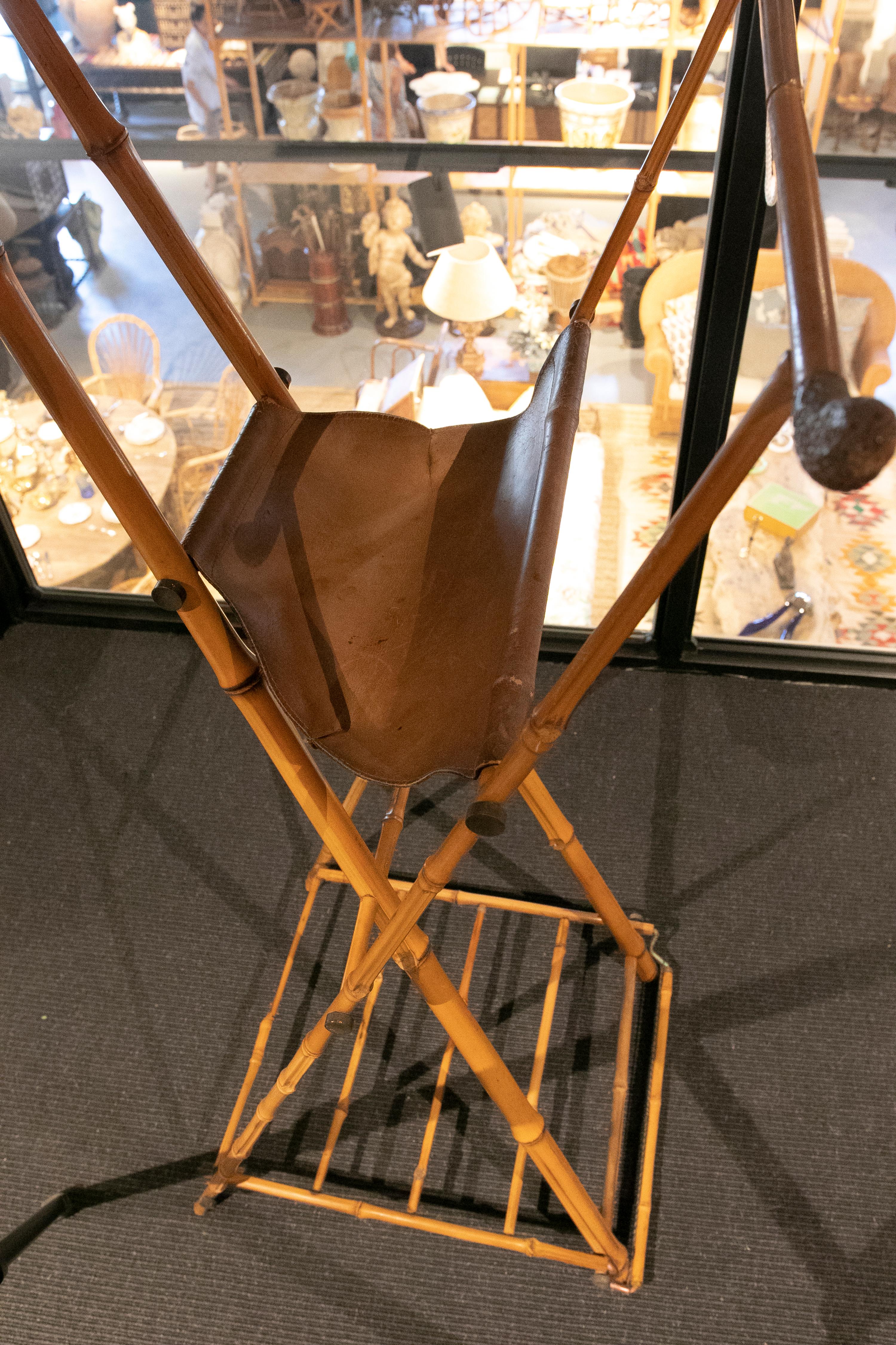1970s Bamboo, Leather and Hand-Carved Wooden Men's Coat Rack In Good Condition In Marbella, ES
