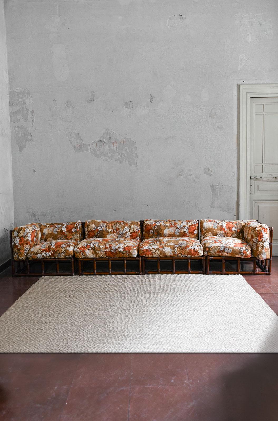 Italian 1970s Bamboo Living Room Set: Four-Module Sofa + Bamboo and wood Coffee Table For Sale