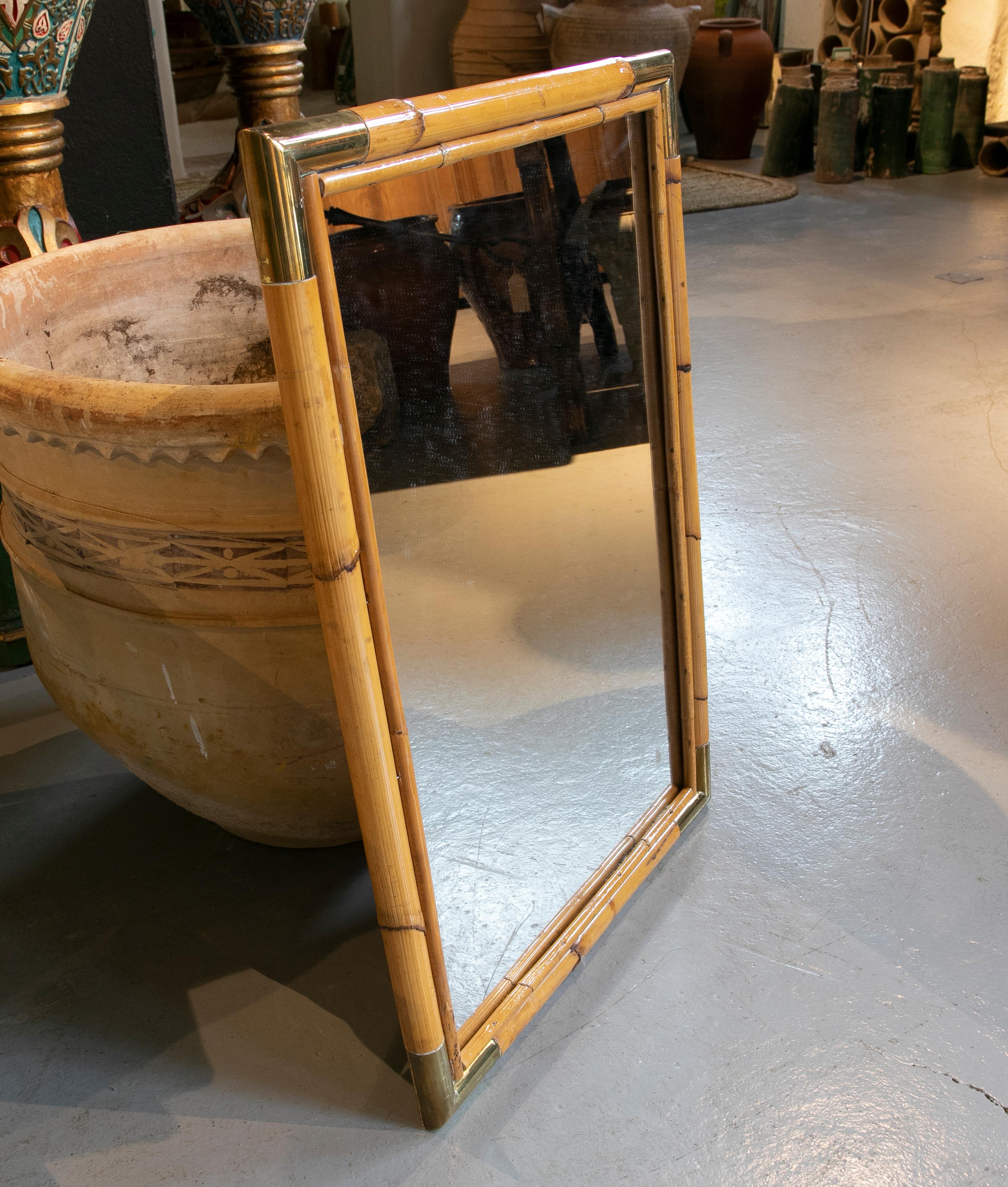 Spanish 1970s Bamboo Mirror with Bronze Corners