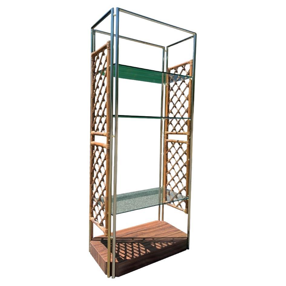1970s Bamboo Rattan and Brass Glass Shelf Étagére