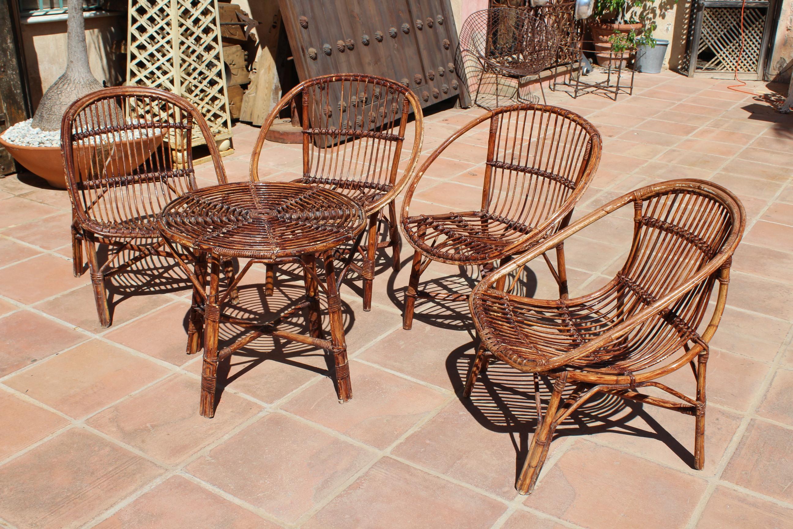 French 1970s Bamboo Set of Four Chairs and Table