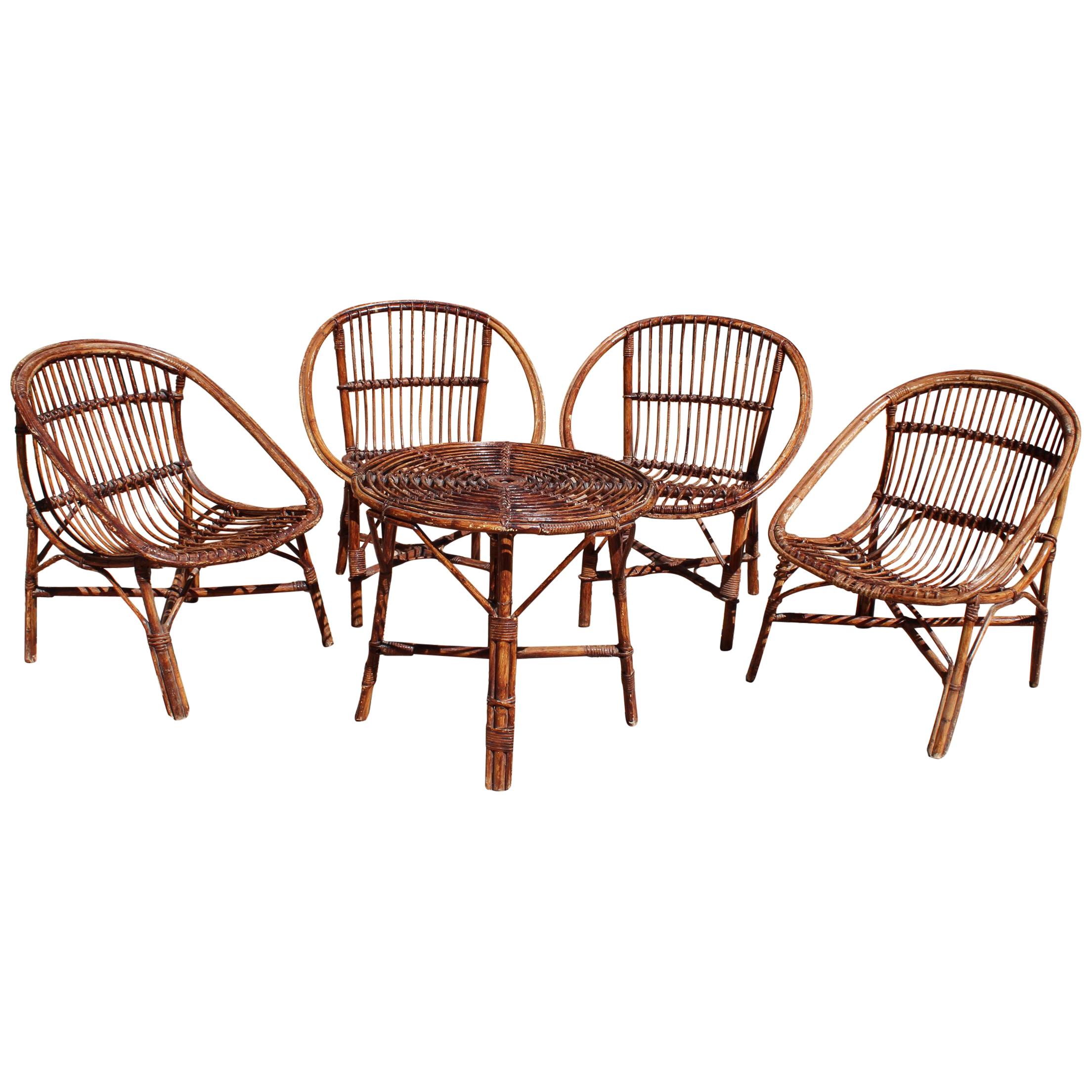 1970s Bamboo Set of Four Chairs and Table