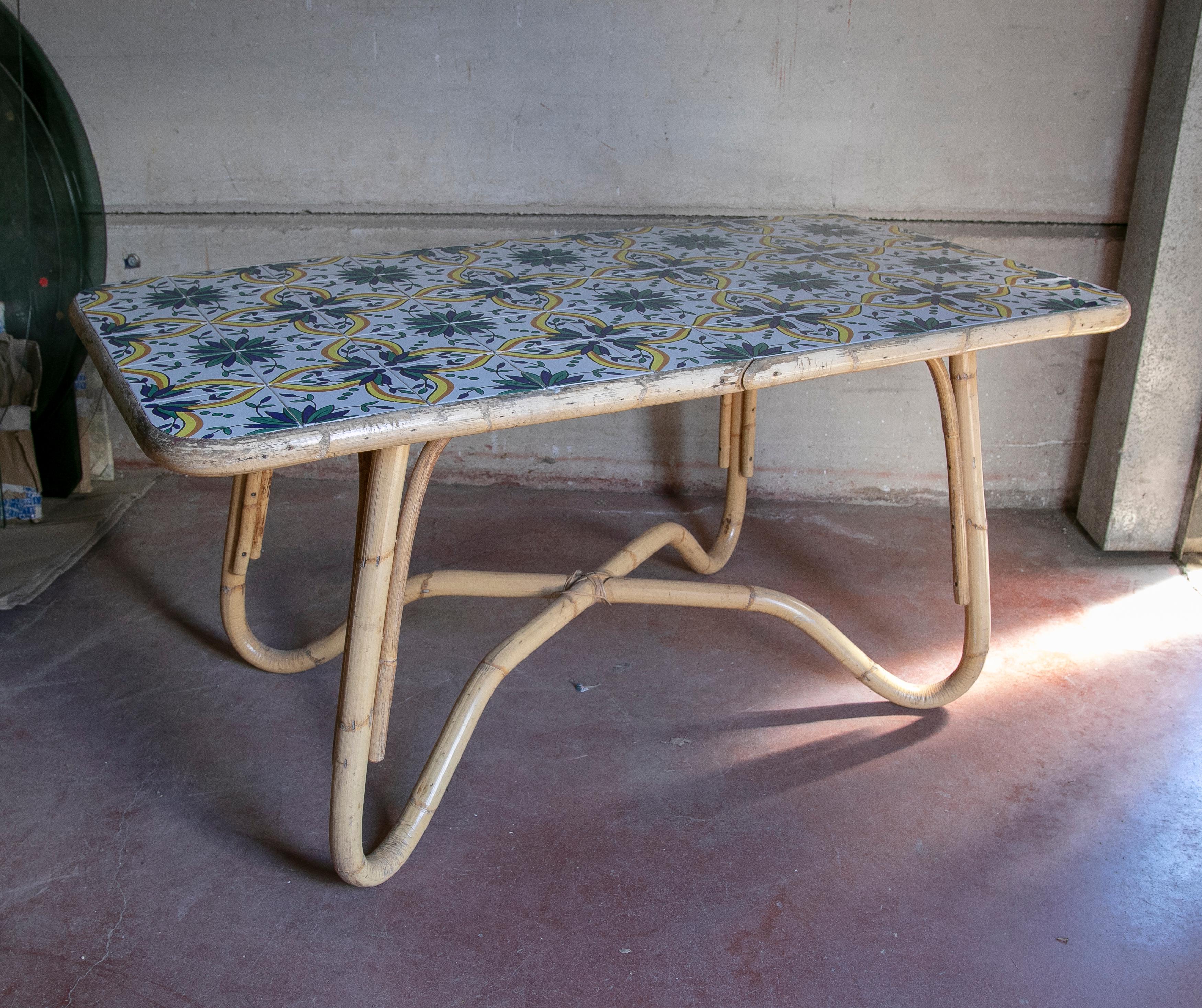 1970s Bamboo Table with Tiled Ceramic Cover.