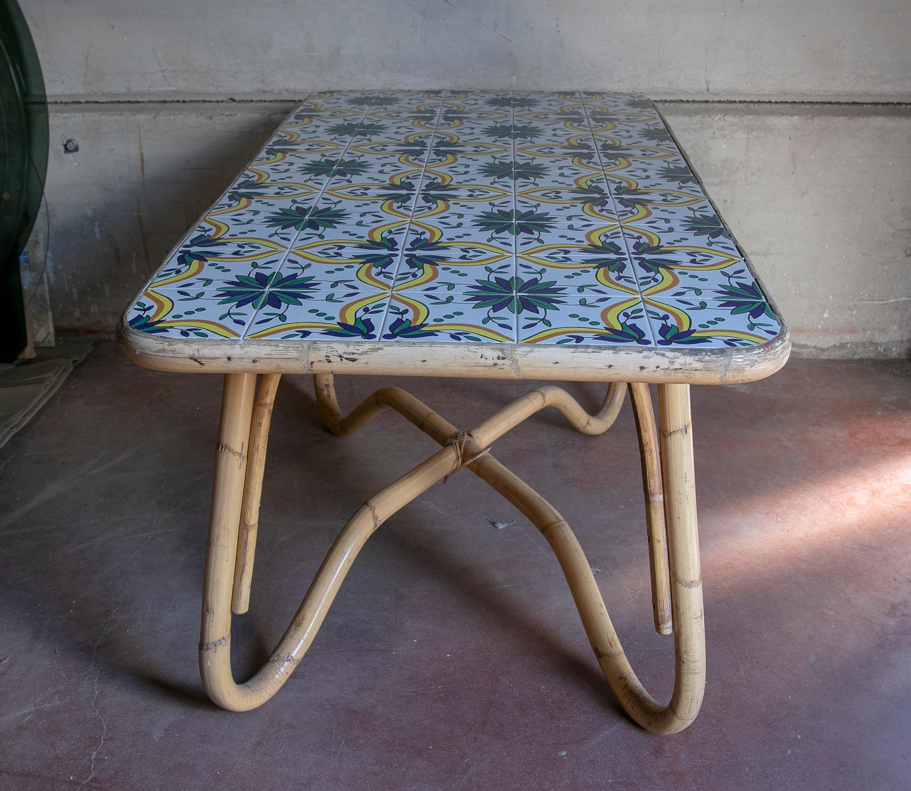 Spanish 1970s Bamboo Table with Tiled Ceramic Cover  For Sale