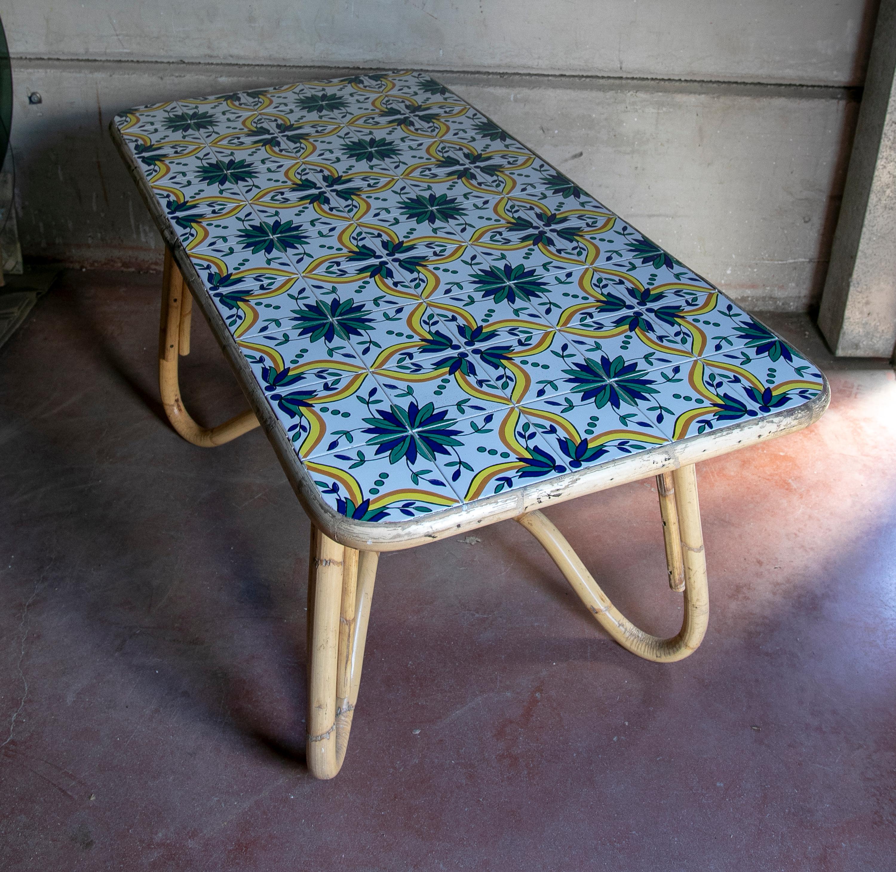 20th Century 1970s Bamboo Table with Tiled Ceramic Cover  For Sale