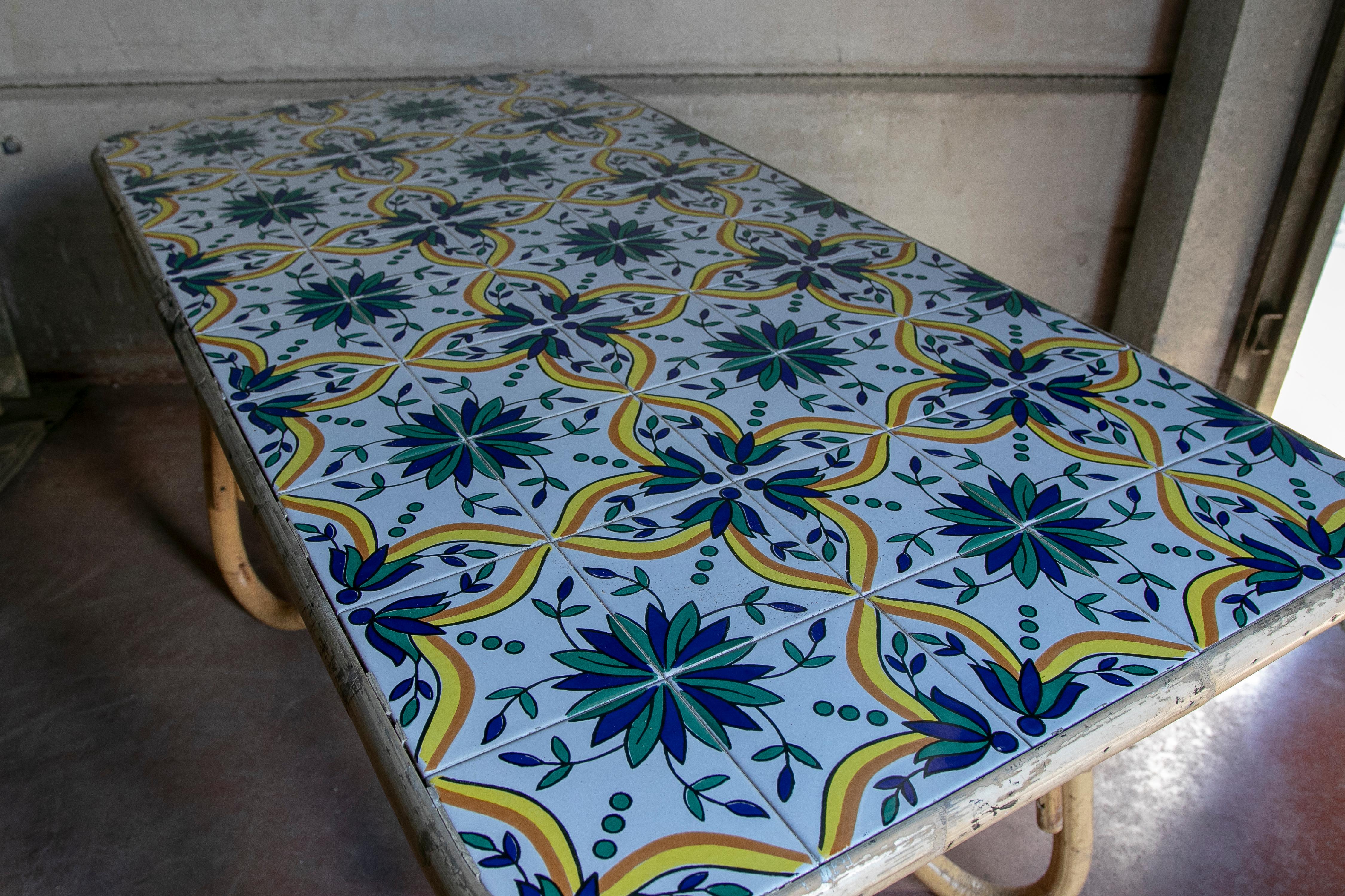 1970s Bamboo Table with Tiled Ceramic Cover For Sale 1