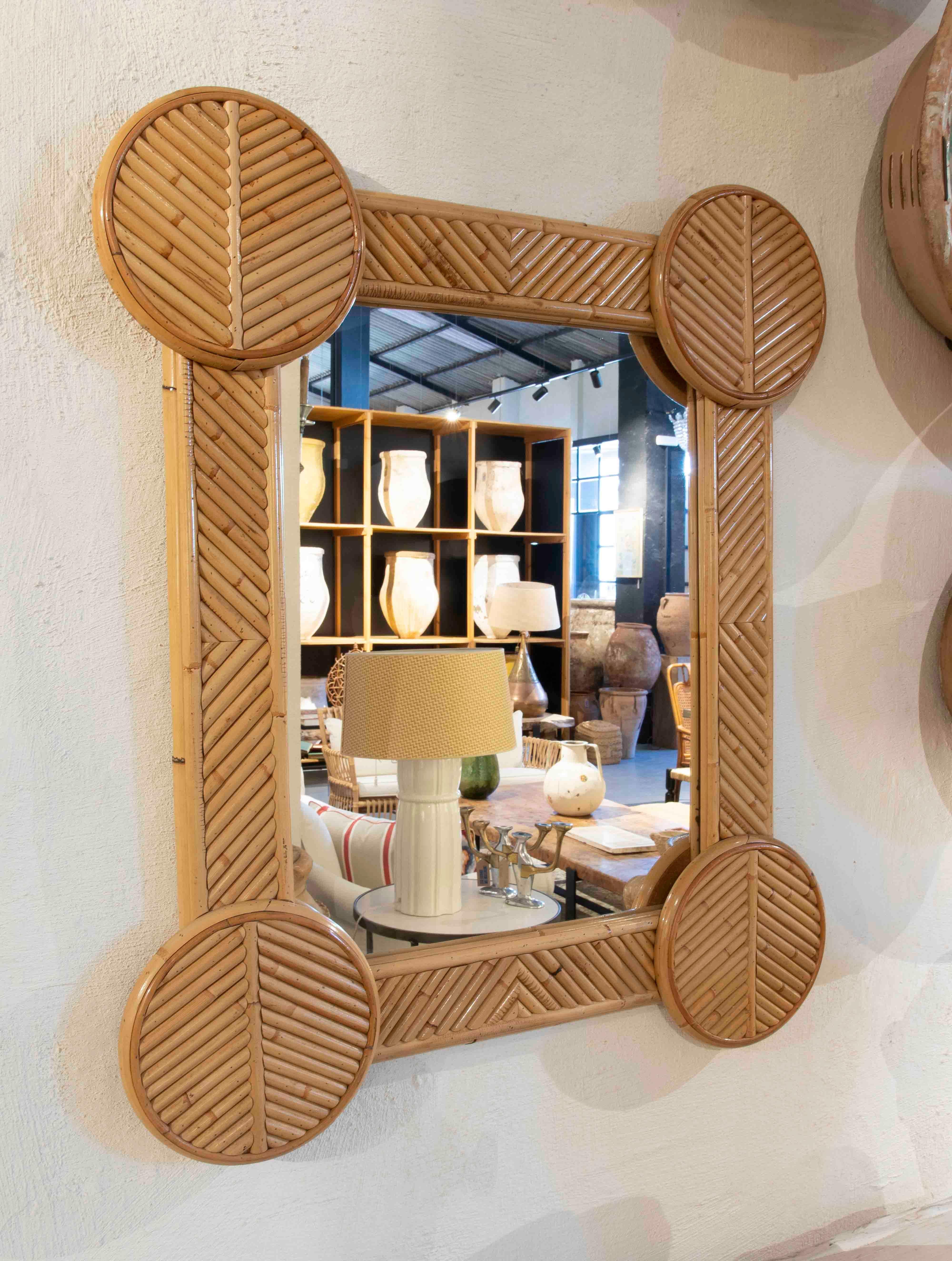 Spanish 1970s Bamboo Wall Mirror with Rounded Corners