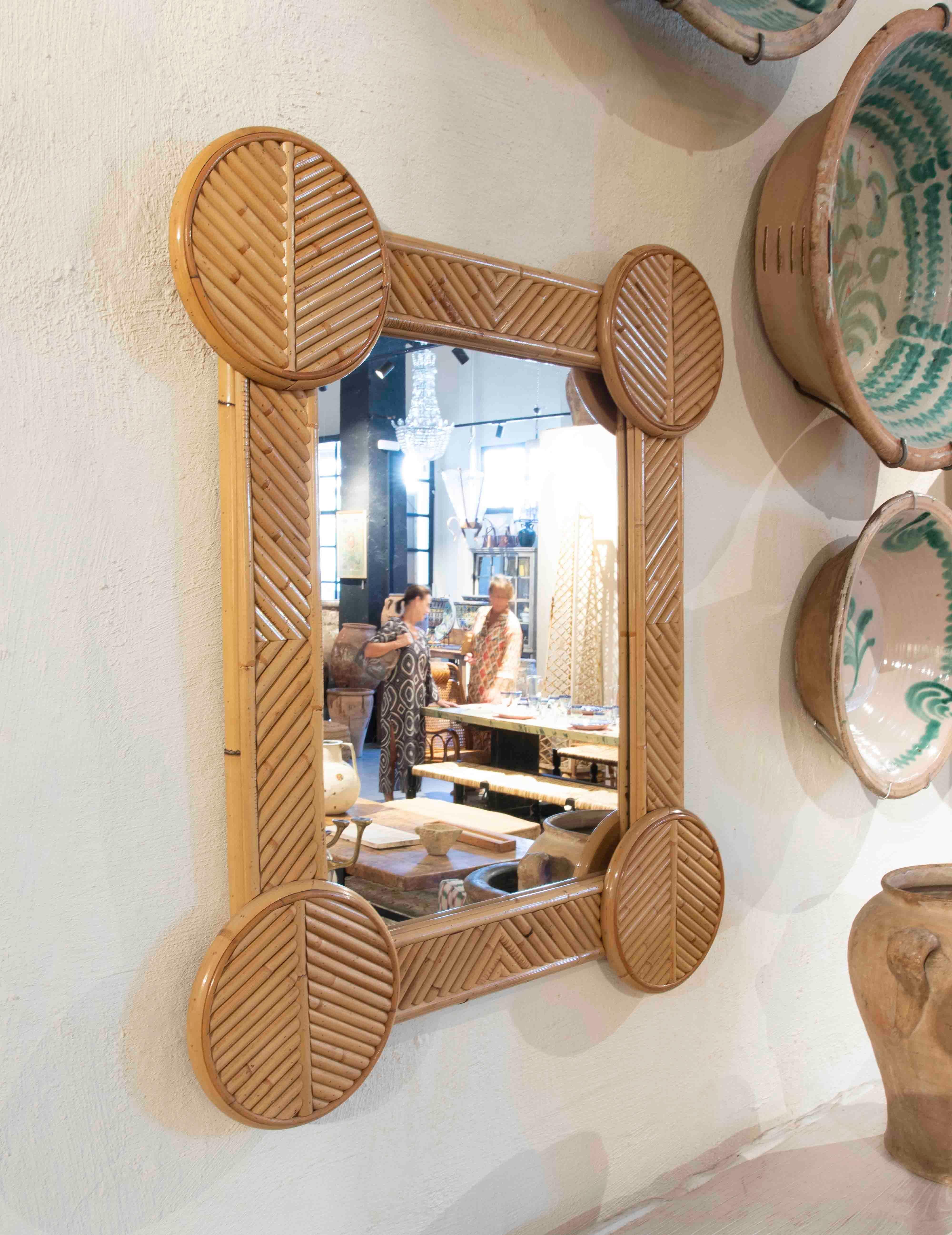 1970s Bamboo Wall Mirror with Rounded Corners In Good Condition In Marbella, ES