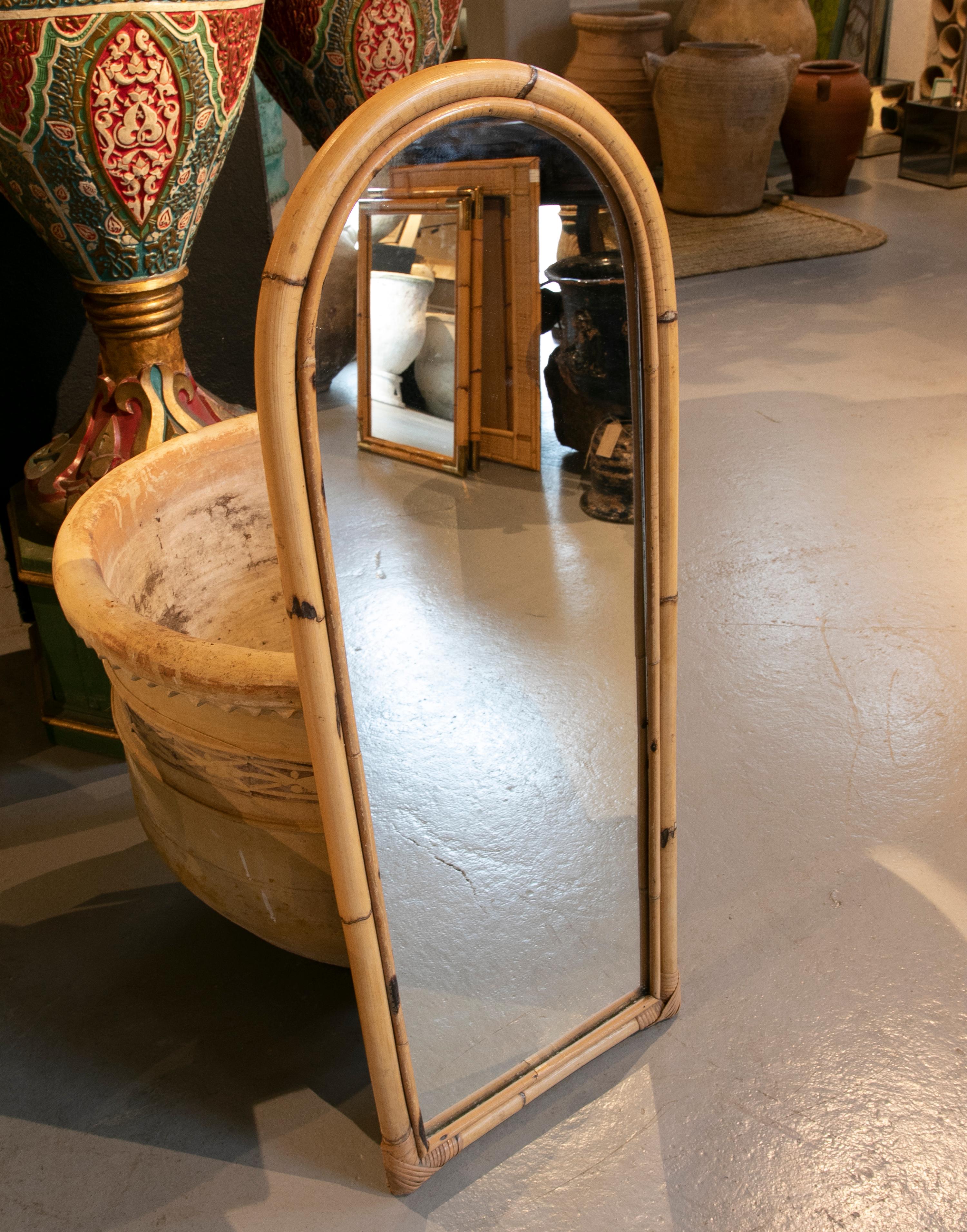 Spanish 1970s Bamboo Wall Mirror with Rounded Top